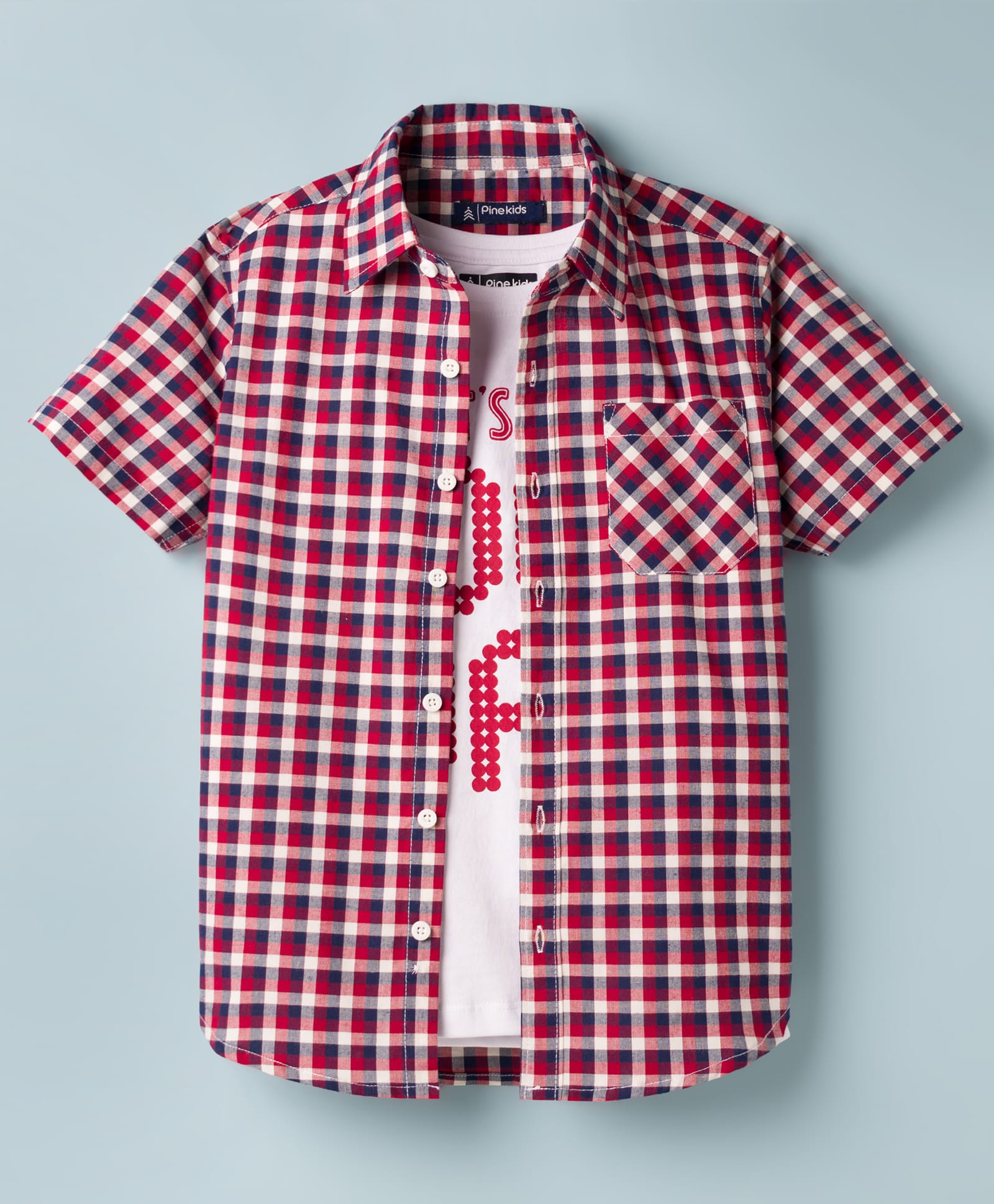 Pine Kids Cotton Woven Half Sleeves Checks Shirt With Inner Tee - Red-image-35