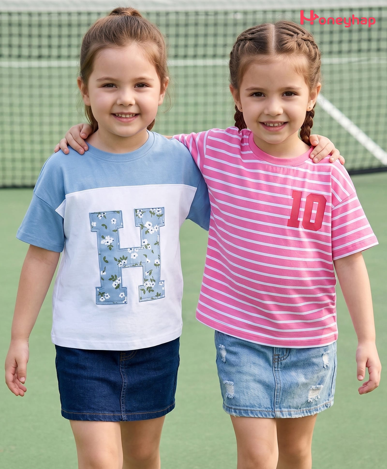 Honeyhap Cotton Knit Half Sleeves Bio Finished Striped T-Shirt With Floral Print & Patch Pack of 2 - Begonia Pink & Bright White-image-44