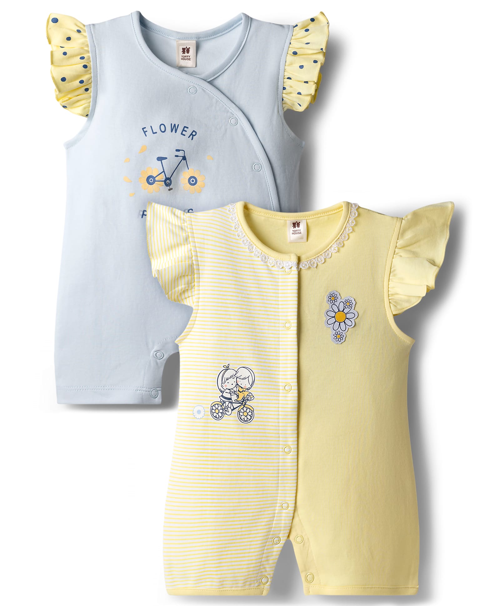 ToffyHouse Interlock Knit Frill Sleeves Rompers with Bicycle & Floral Print Pack of 2 - Light Blue & Lemon Yellow-image-39