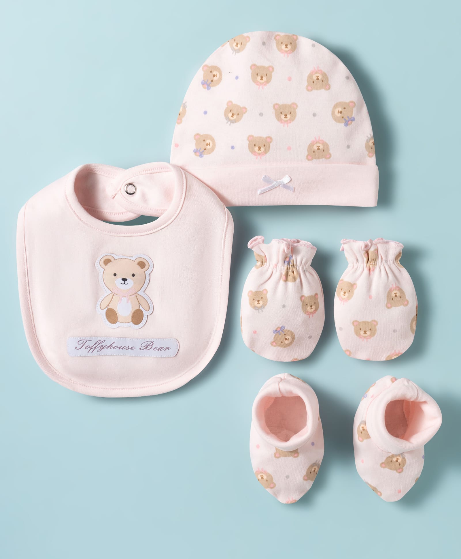 ToffyHouse Interlock Knit Cap Mitten & Booties With Bib & Teddy Print Light Pink - Diameter 8 cm-image-47