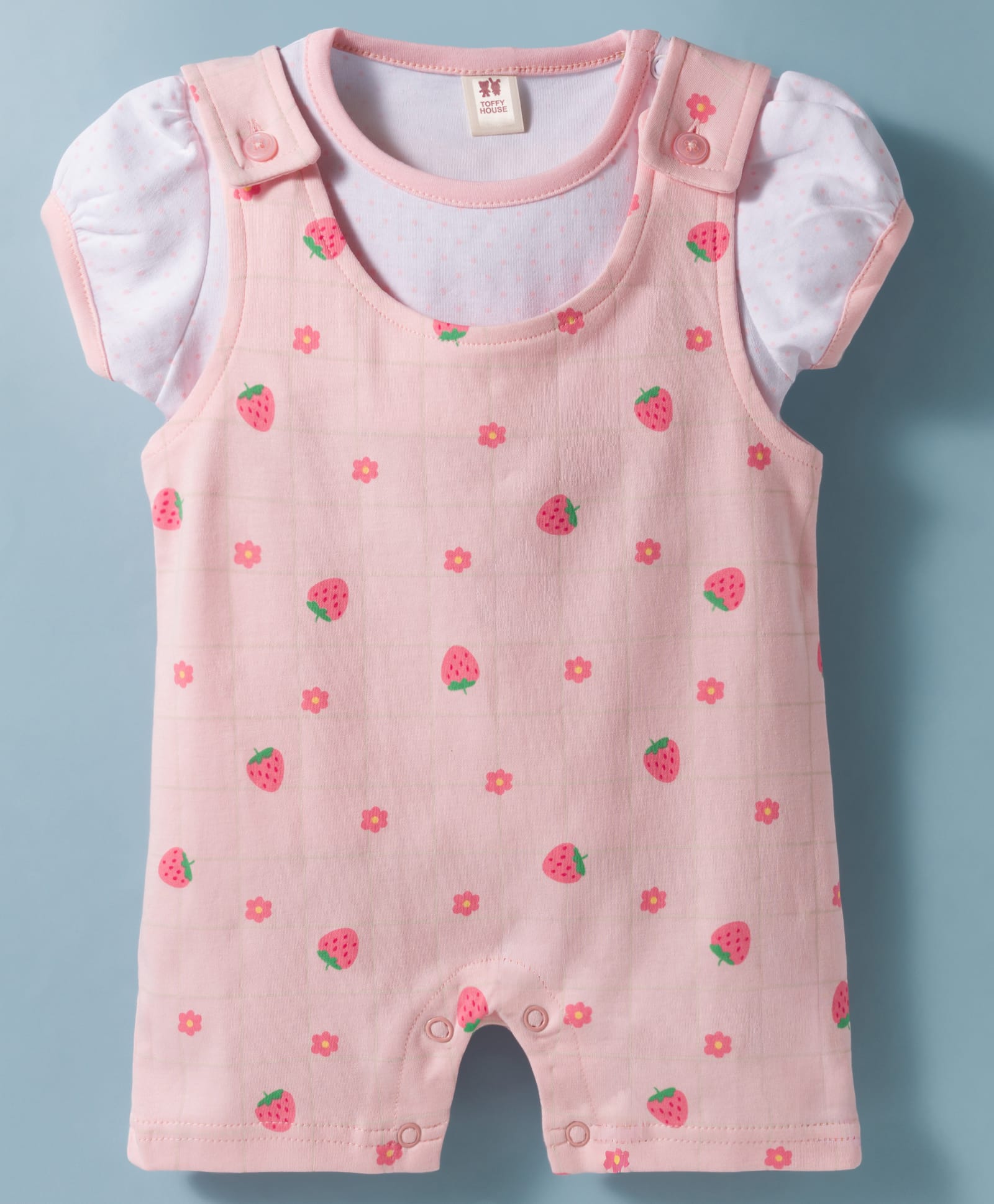ToffyHouse Interlock Knit Half Sleeves Strawberry Printed Dungaree Style Romper with T-Shirt - Pink-image-23