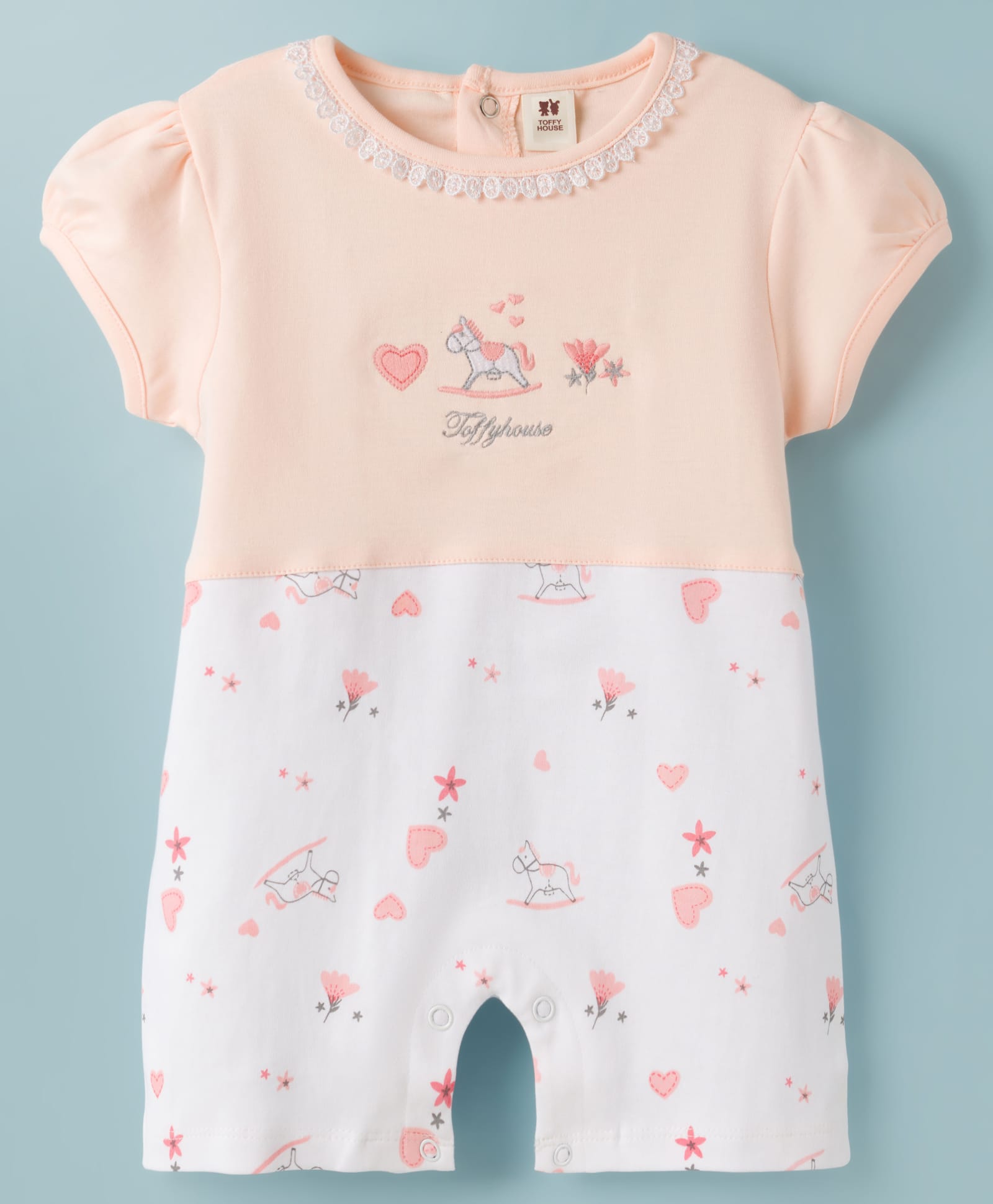 ToffyHouse Interlock Knit Half Sleeves Romper With Unicorn & Floral Print - Peach-image-33