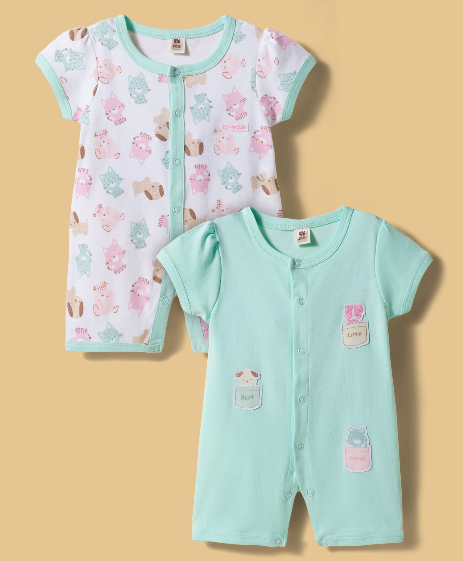 ToffyHouse Interlock Knit Half Sleeves Animal Printed Front Open Rompers Pack of 2 - Sea Green & White-picture-7
