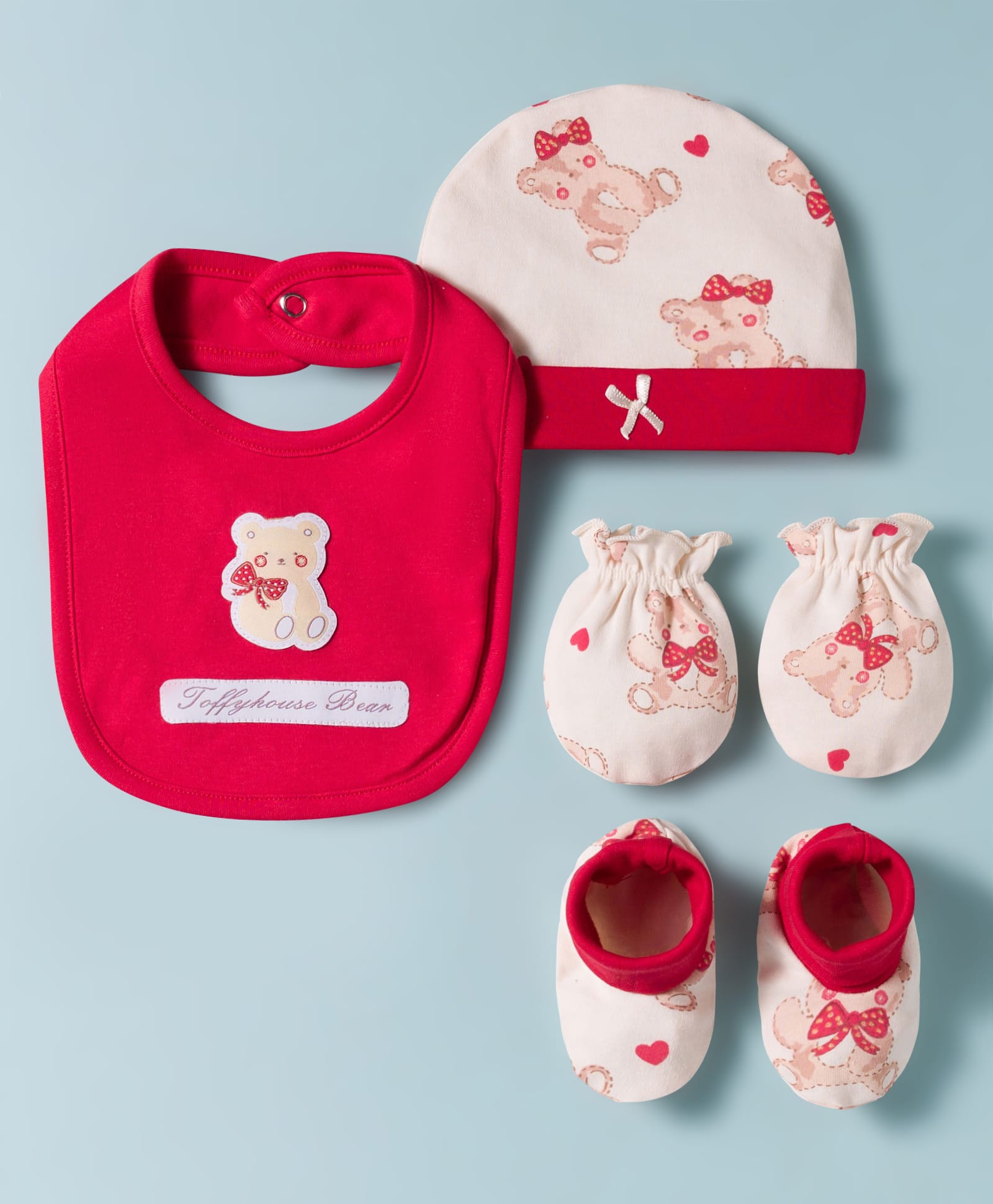 ToffyHouse Interlock Knit Printed Cap Mittens Booties & Bib Red - Diameter17.5 cm-image-28