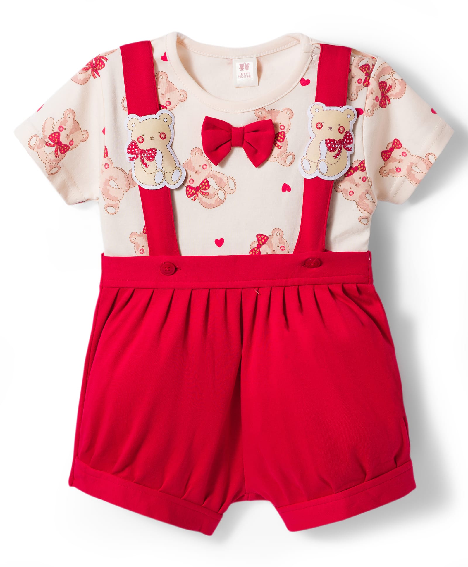 ToffyHouse Interlock Knit Dungaree & Half Sleeves T-Shirt With Bear Print & Applique - Red-image-14