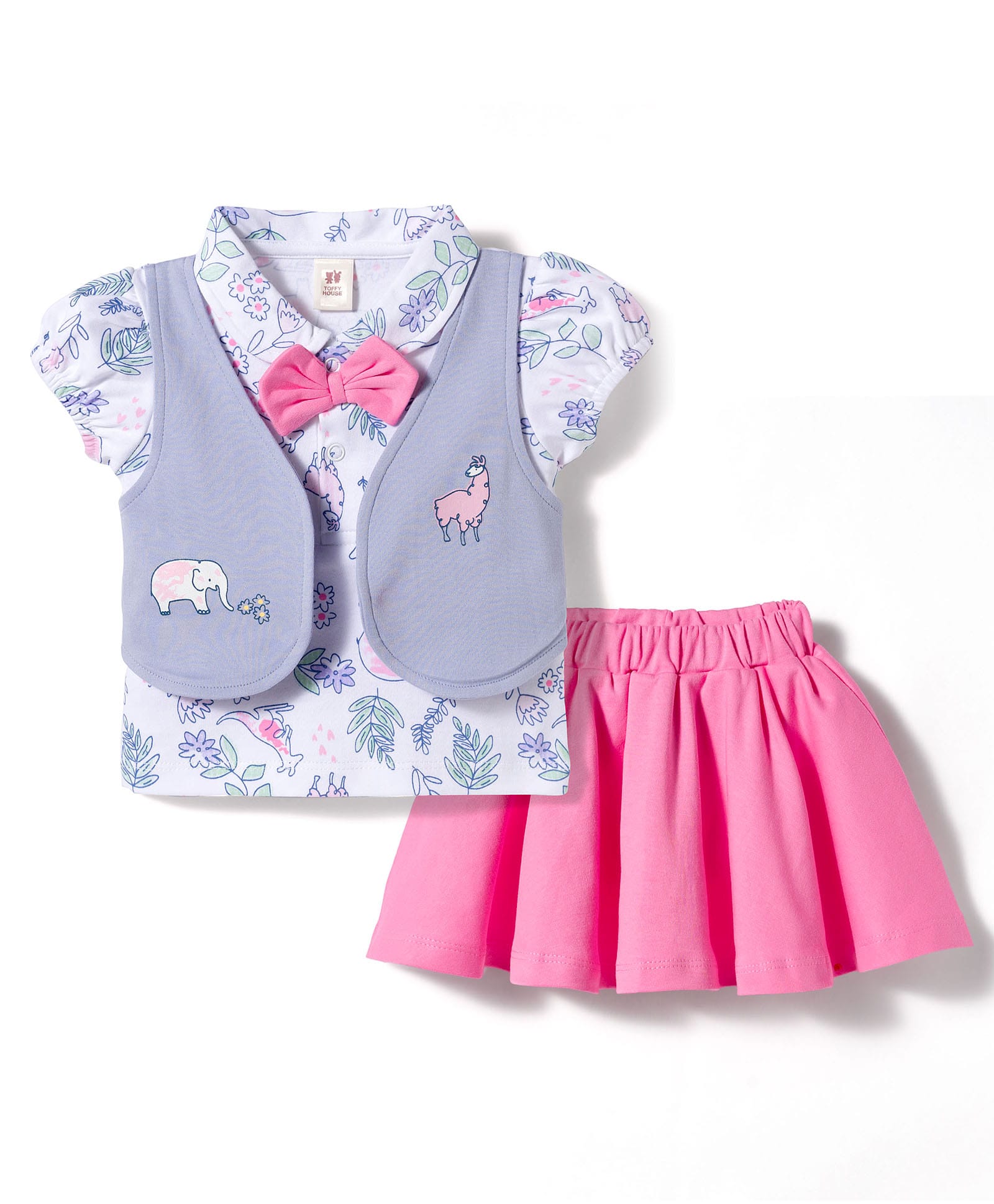 ToffyHouse Interlock Knit Half Sleeves Animal & Floral Printed Top & Skirts Set - Multicolour-image-21