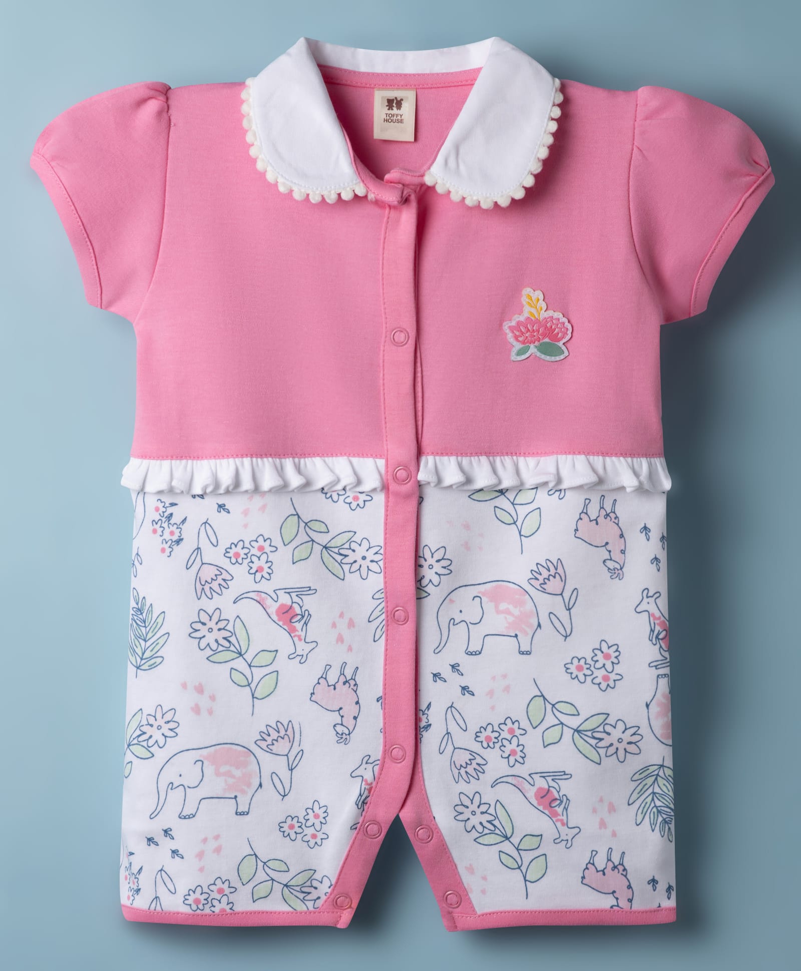 ToffyHouse Interlock Knit Half Sleeves Peter Pan Collared Romper With Animal Print - Pink-image-24