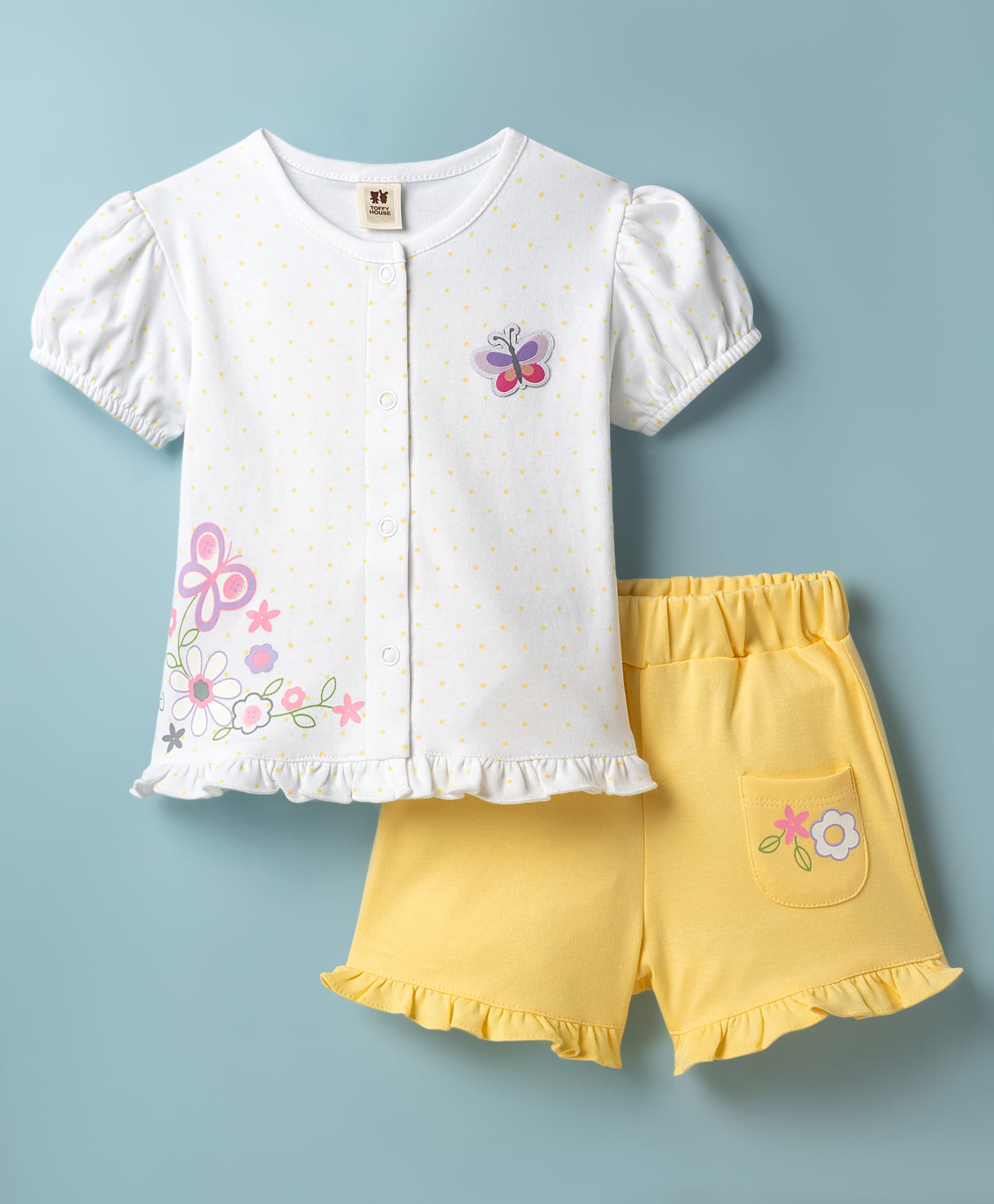 ToffyHouse Interlock Knit Half Sleeves Top & Shorts Set with Floral Print - Lemon & White-image-44