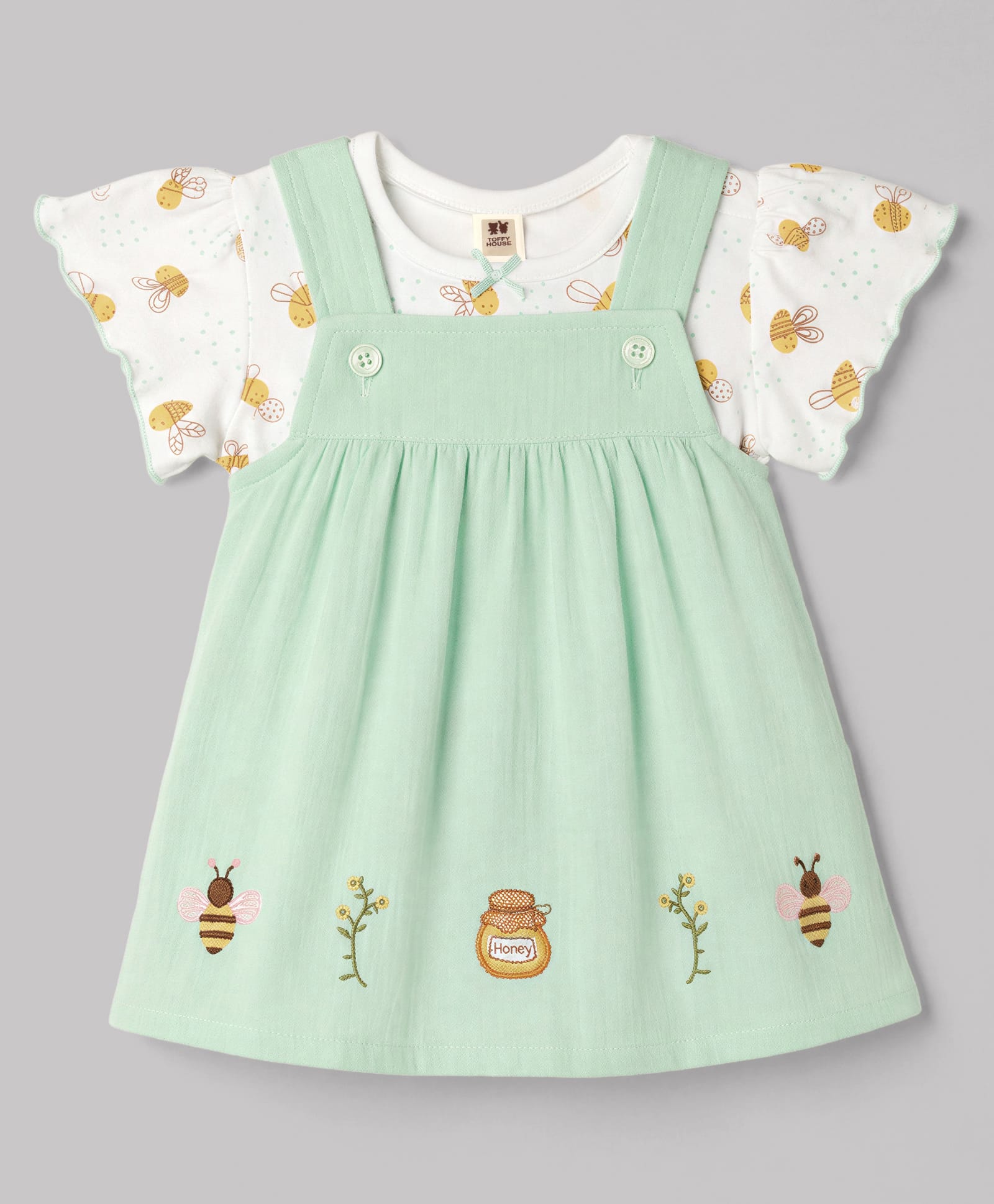 ToffyHouse Interlock Knit Half Sleeves Bees & Floral Printed & Embroidered Frock With Inner Tee - Light Green-image-8