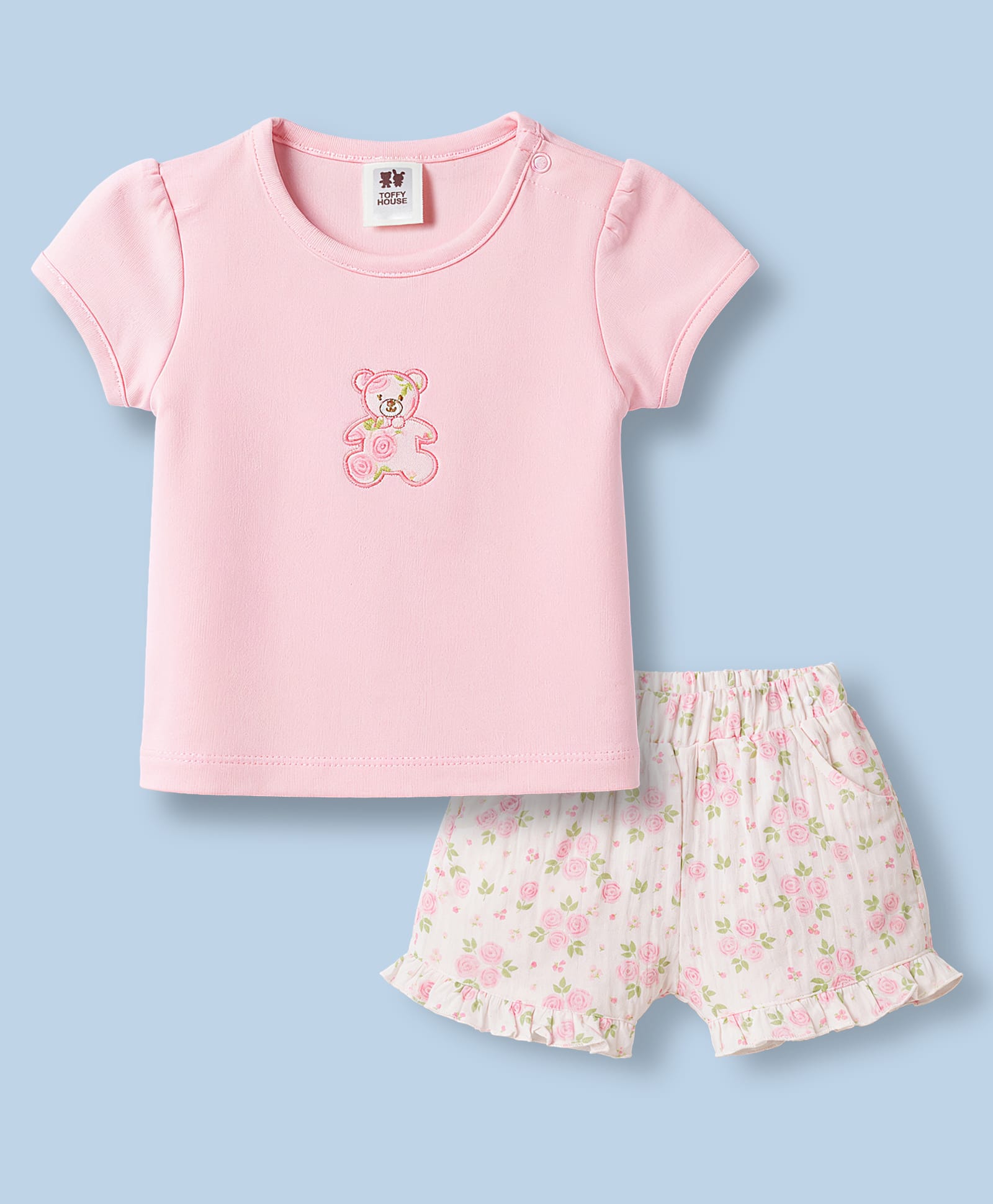 toffyhouse ToffyHouseMuslin Knit Half Sleeves Top & Shorts Set With Bear Embroidery & Floral Print - Peach-picture-26