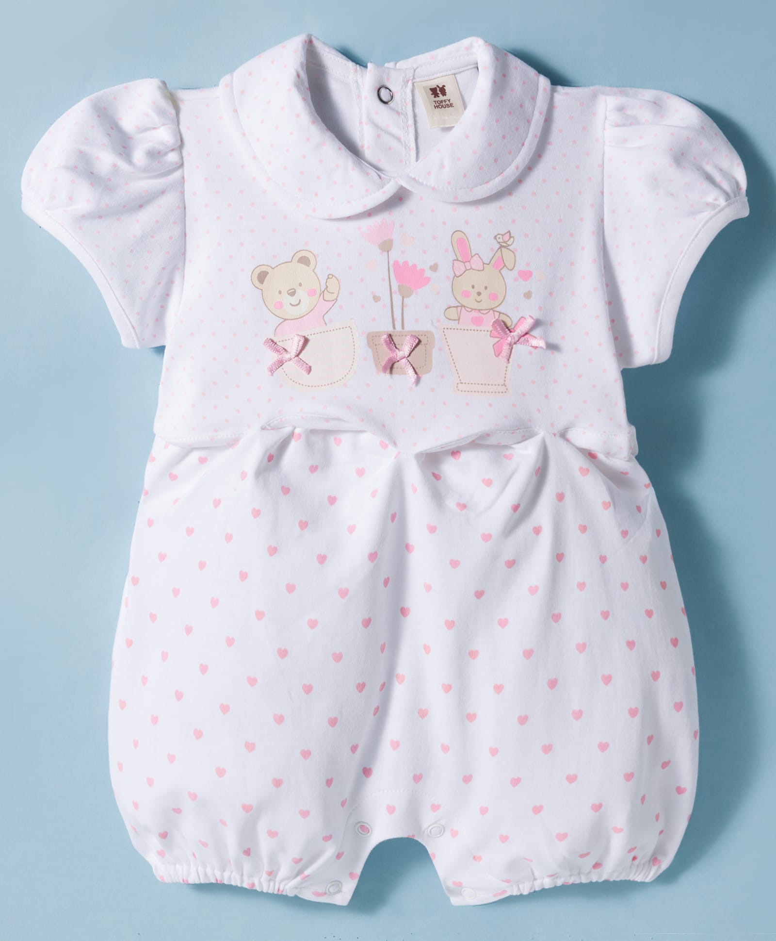 ToffyHouse Interlock Knit Half Sleeves Romper with Polka Dots Bear & Heart Print - White-image-34