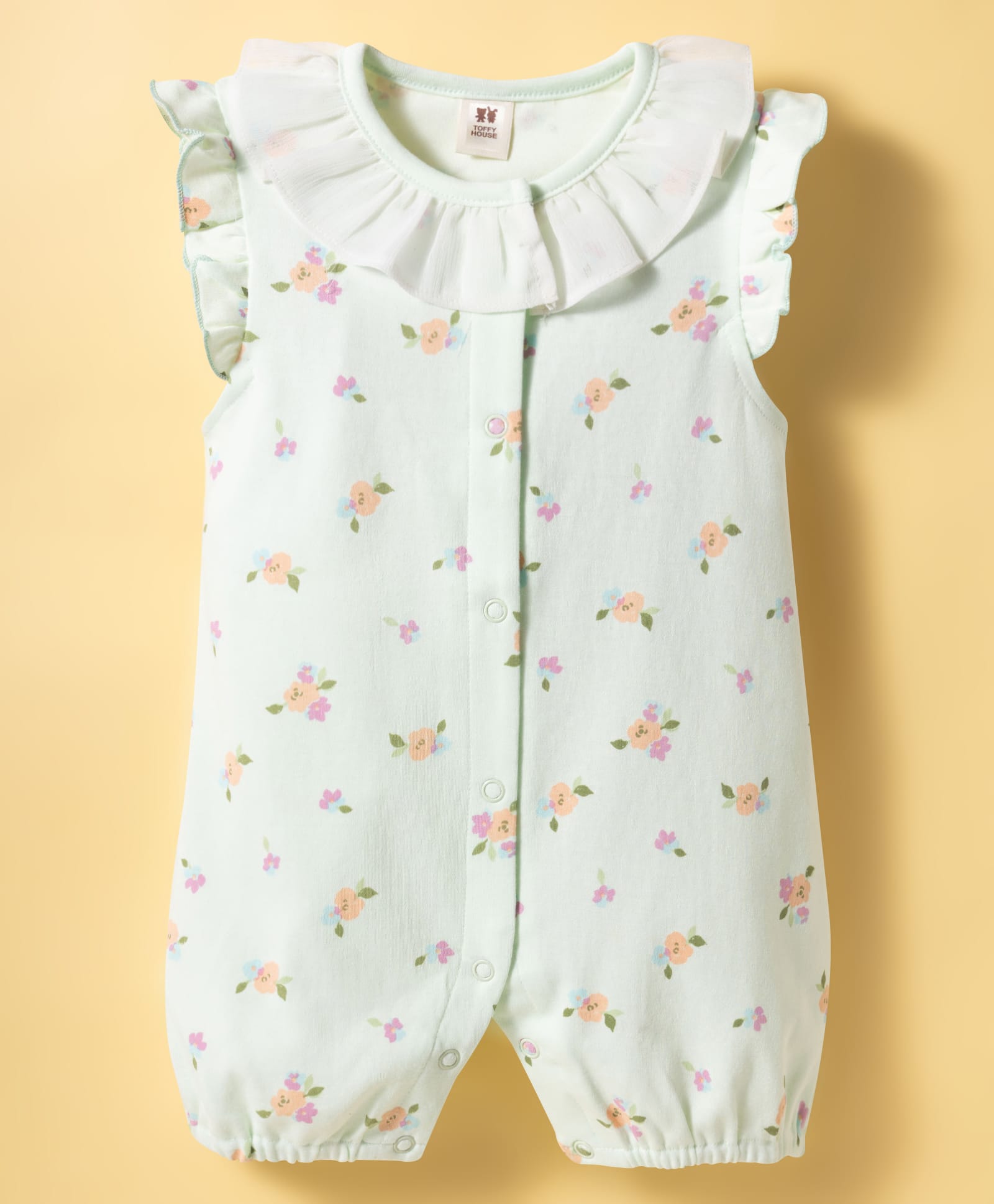ToffyHouse Interlock Knit Half Sleeves Romper With Floral Print - Green-image-30