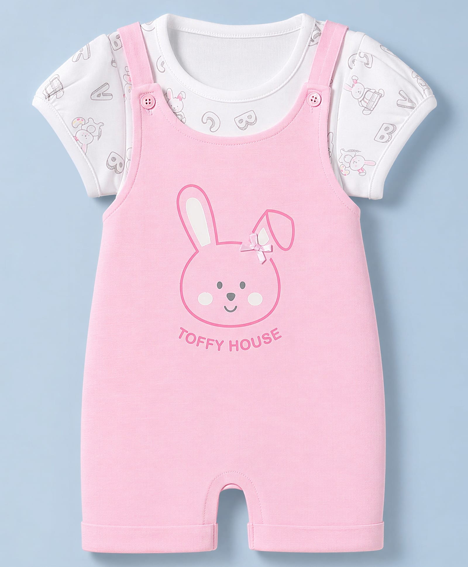 ToffyHouse Interlock Knit Half Sleeves Dungaree with Bunny Print - White & Pink-image-48