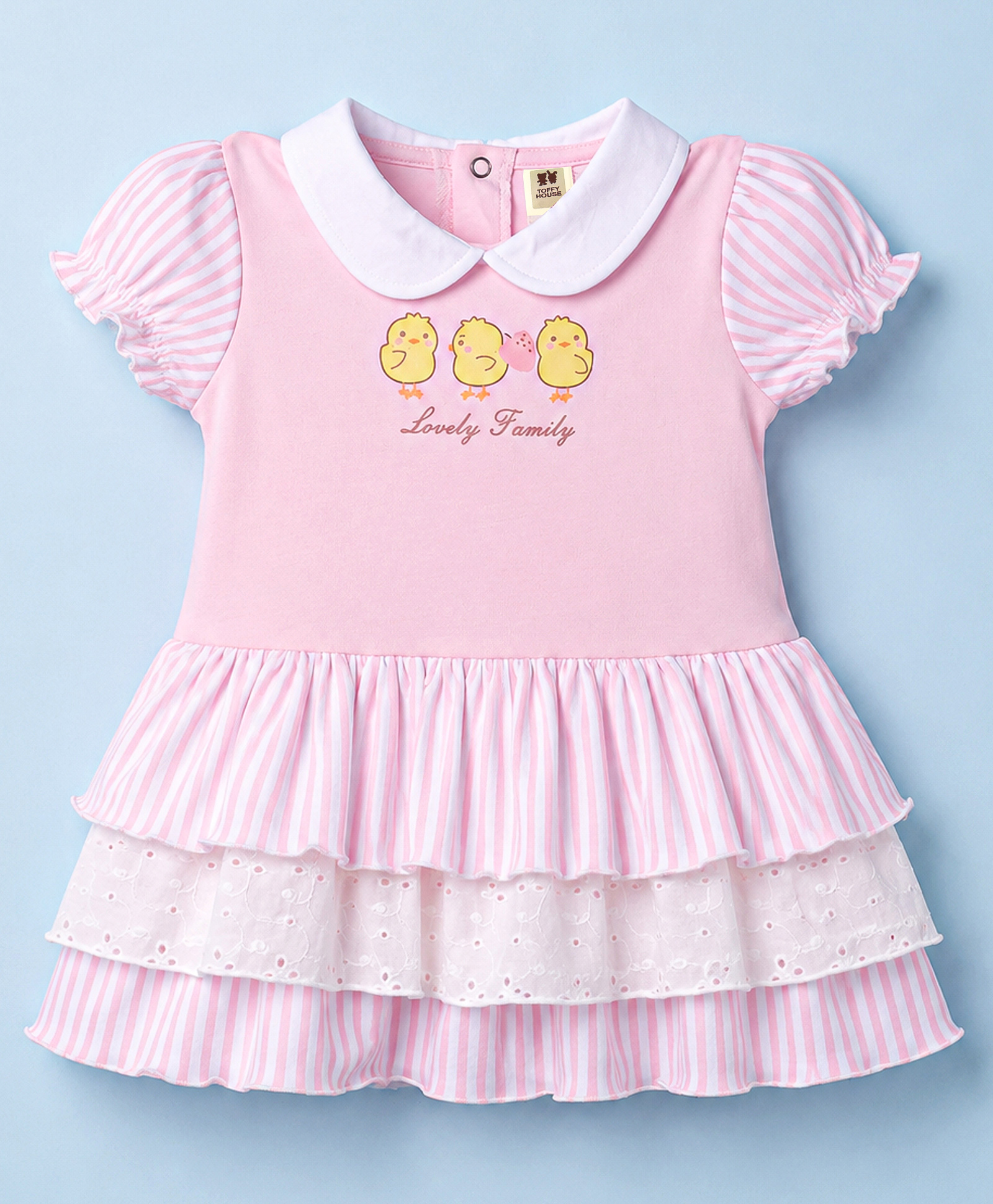 ToffyHouse Cotton Knit One Piece Dresses/Frocks Half Sleeves Peter Pan Collar Striped with Graphic Print PINK 1-3 Months-image-4