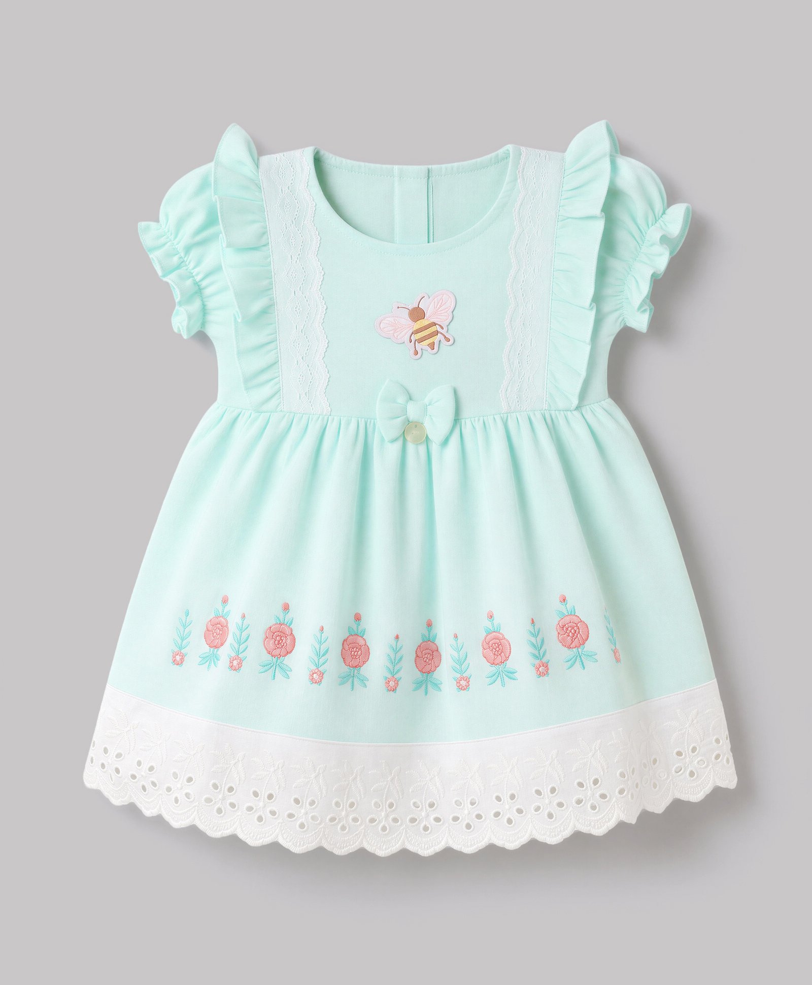 ToffyHouse Muslin Woven Sleeveless Frock with Bee & Floral Embroidery - Light Green-picture-38