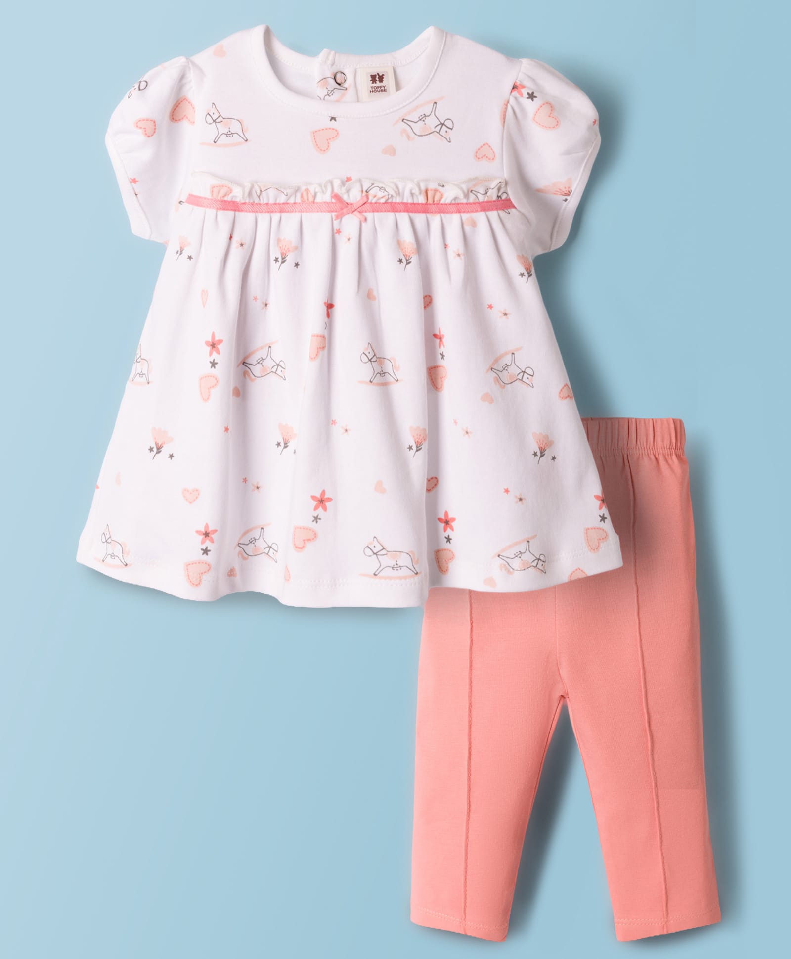 ToffyHouse Interlock Knit Half Sleeves Top & Pant With Horse & Floral Print - White & Peach-picture-25