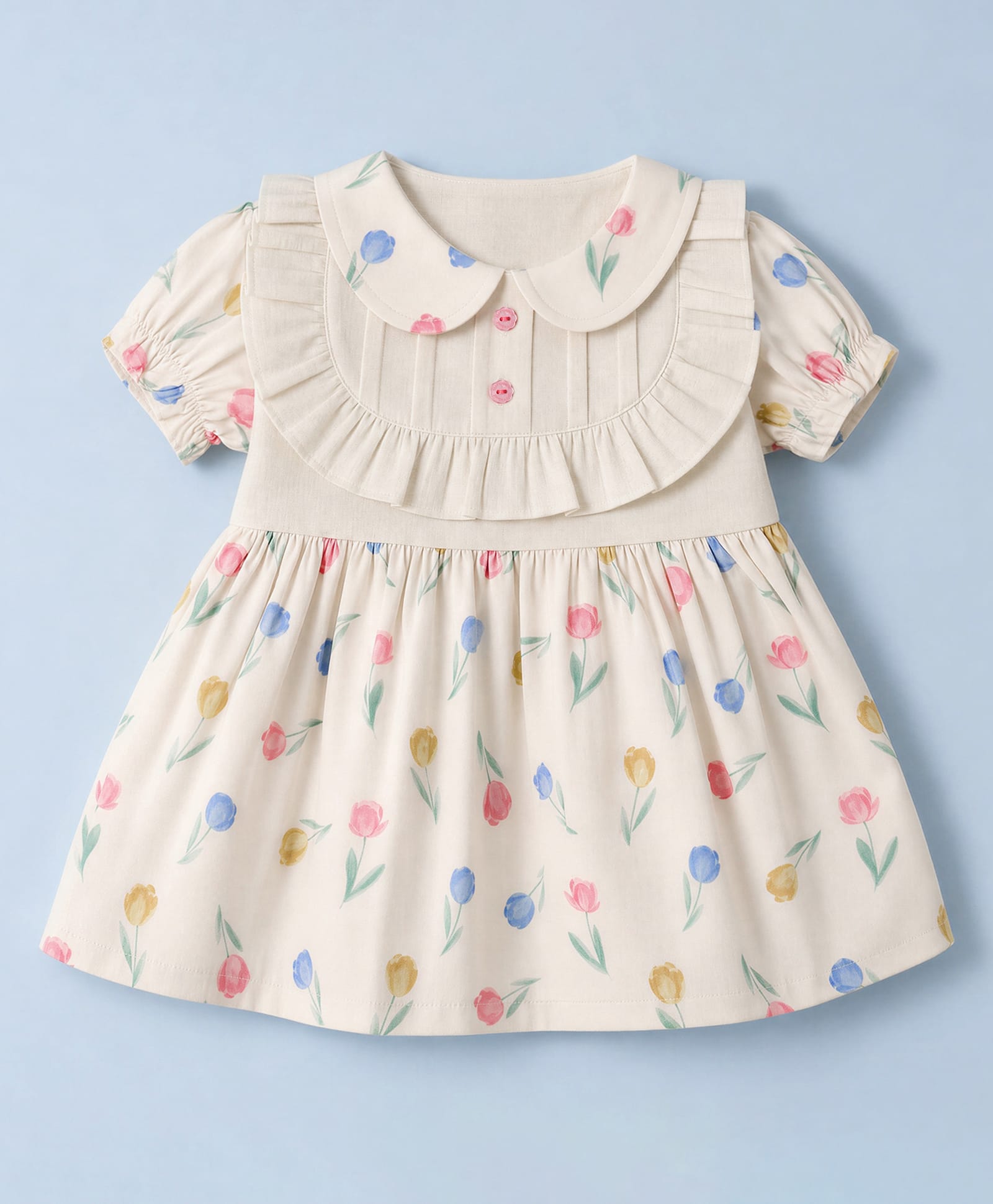 ToffyHouse Cotton Woven Half Sleeves Peter Pan Collar FRock with Floral Print - White-picture-37
