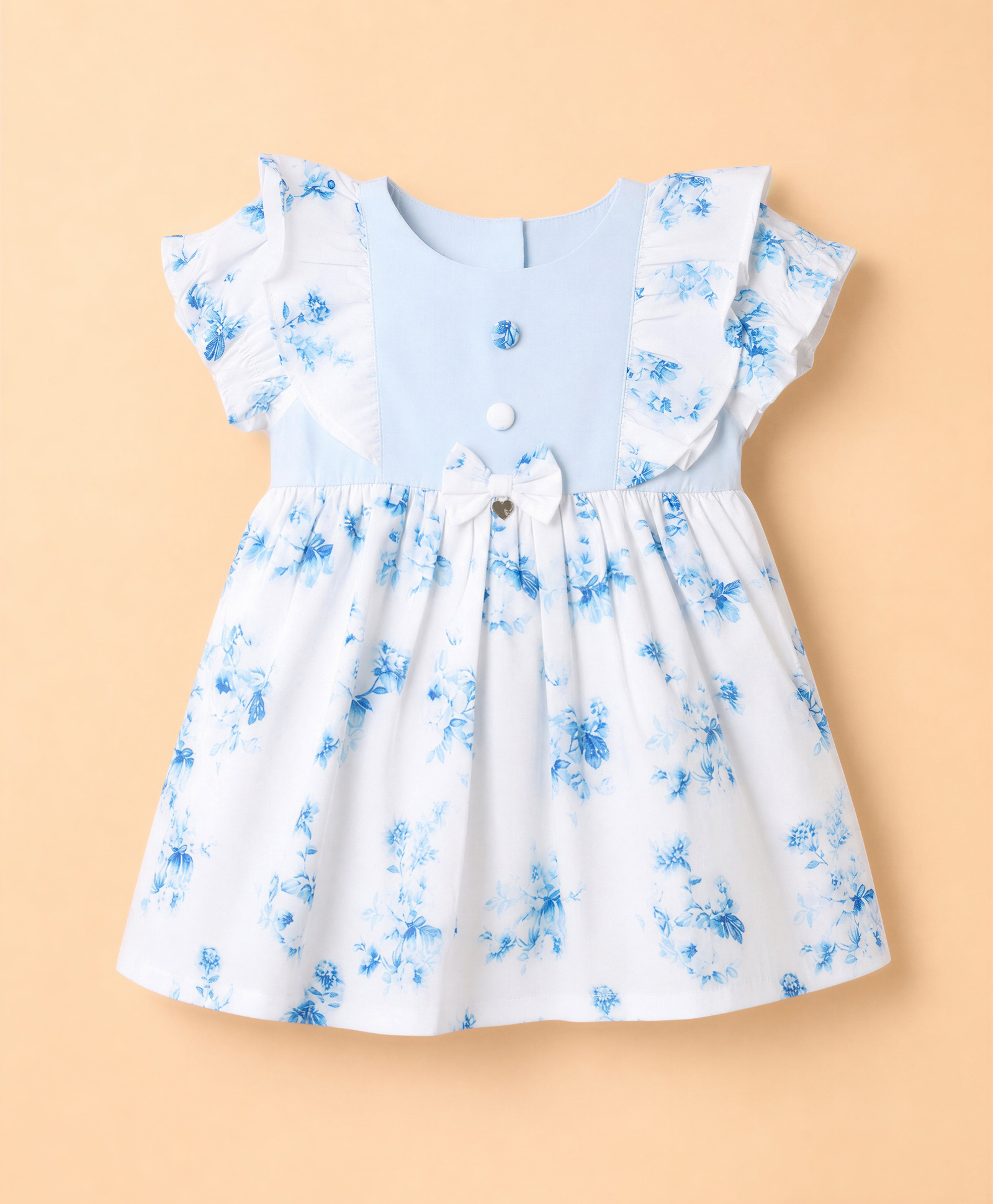 ToffyHouse Interlock Knit Half Sleeves One Piece Dress with Floral Print & Bow Applique - Blue-picture-18