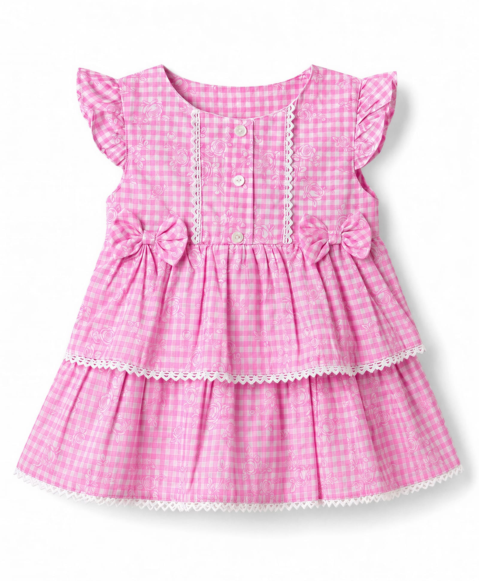 ToffyHouse Interlock Knit Sleeveless Checked Frock With Floral Print - Pink-image-10