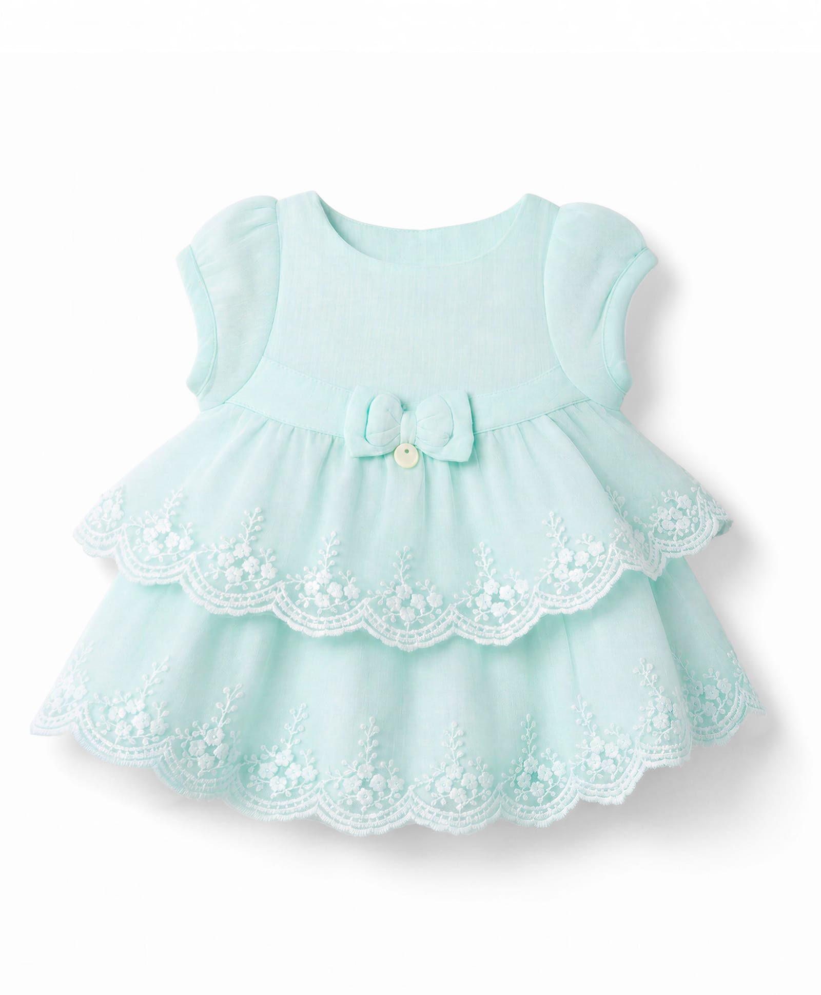 ToffyHouse Muslin Woven Sleeveless Layered Frock with Floral Embroidery & Bow Applique - Light Green-picture-5