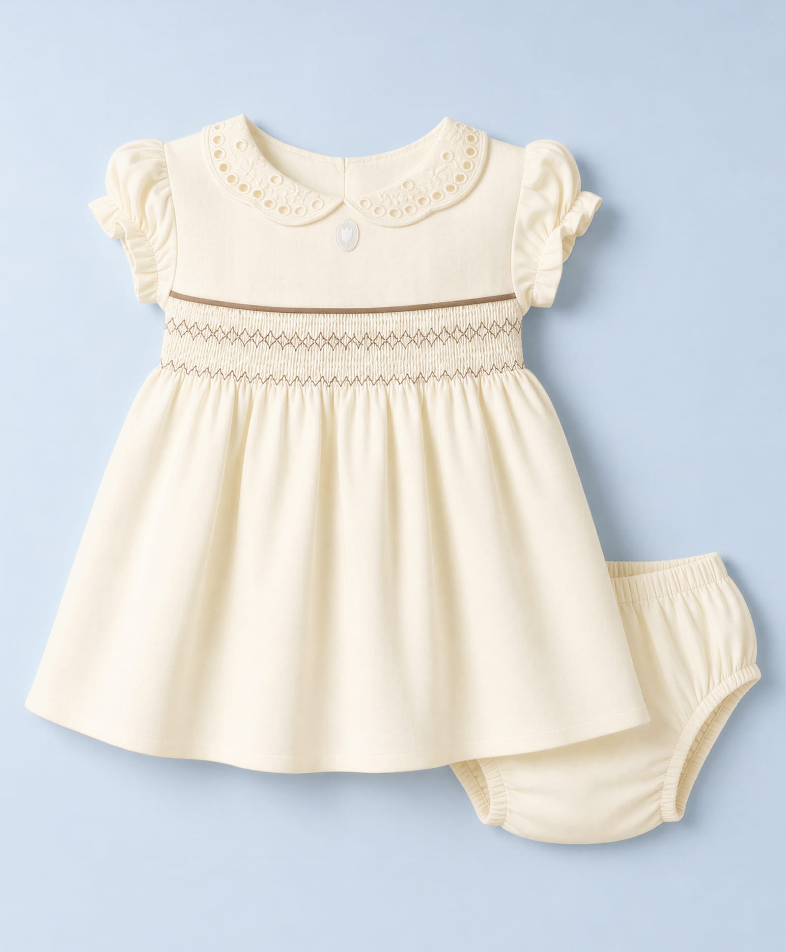 ToffyHouse Interlock Knit Half Sleeves Frock and Bloomer Set With Smocked Detail - Cream-image-20