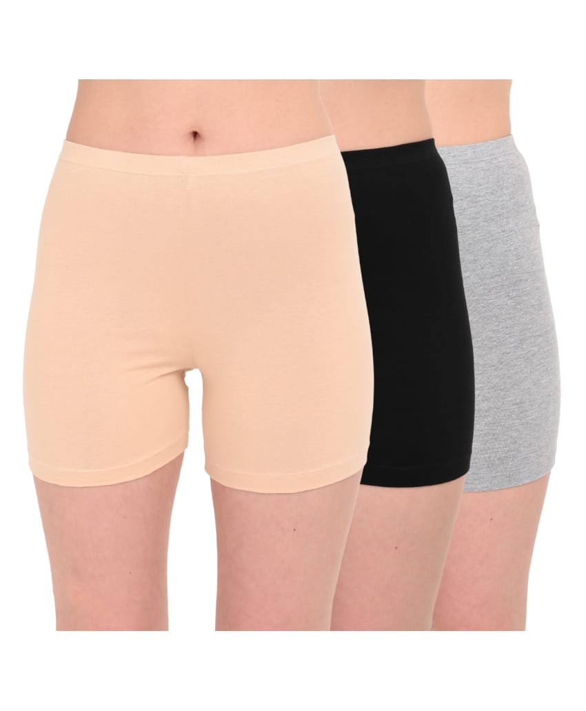Adira Cotton Knit Pack Of 3 Solid Innerwear Shorts - Skin Black & Grey-picture-21