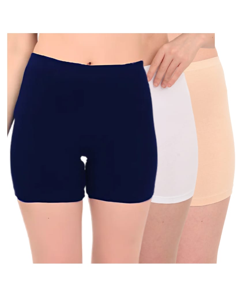 Adira Cotton Knit Pack Of 3 Solid Innerwear Shorts - Navy Blue White & Skin-image-7