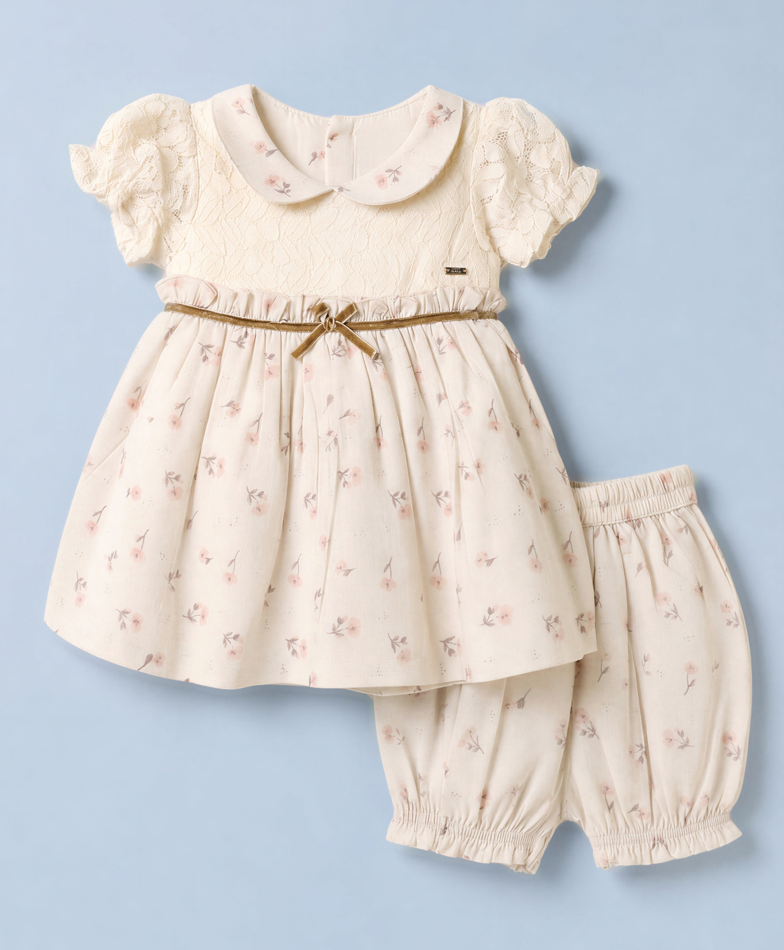 ToffyHouse Interlock Knit Half Sleeves Frock with Bloomer and Short Set with Floral Print - Beige-picture-47