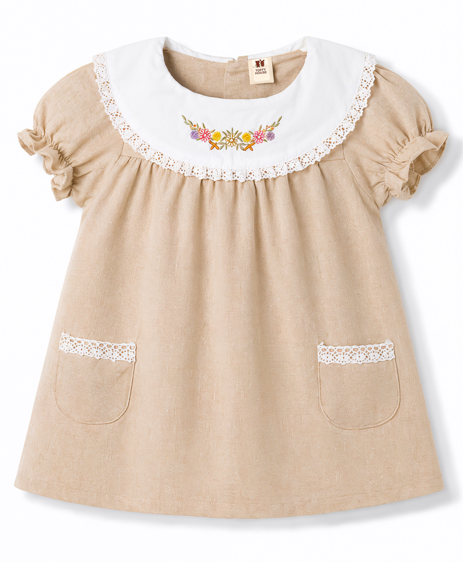 ToffyHouse Cotton Woven Half Puffed Sleeves Floral Embroidered Frock With Lace Detailing - Khaki-image-48