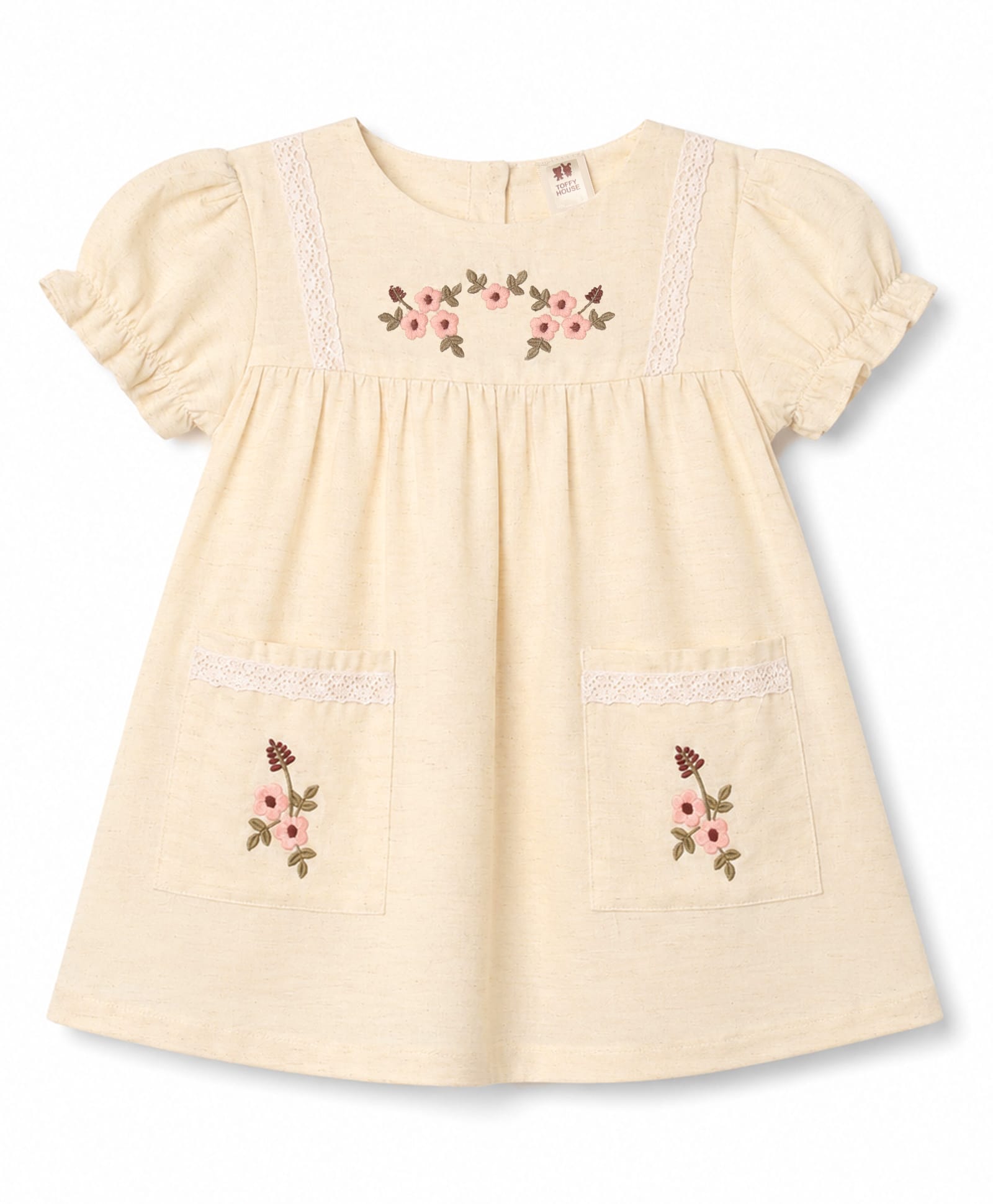 ToffyHouse Cotton Knit Half Sleeves Floral Embroidered Frock With Lace Detailing - OffWhite-picture-13
