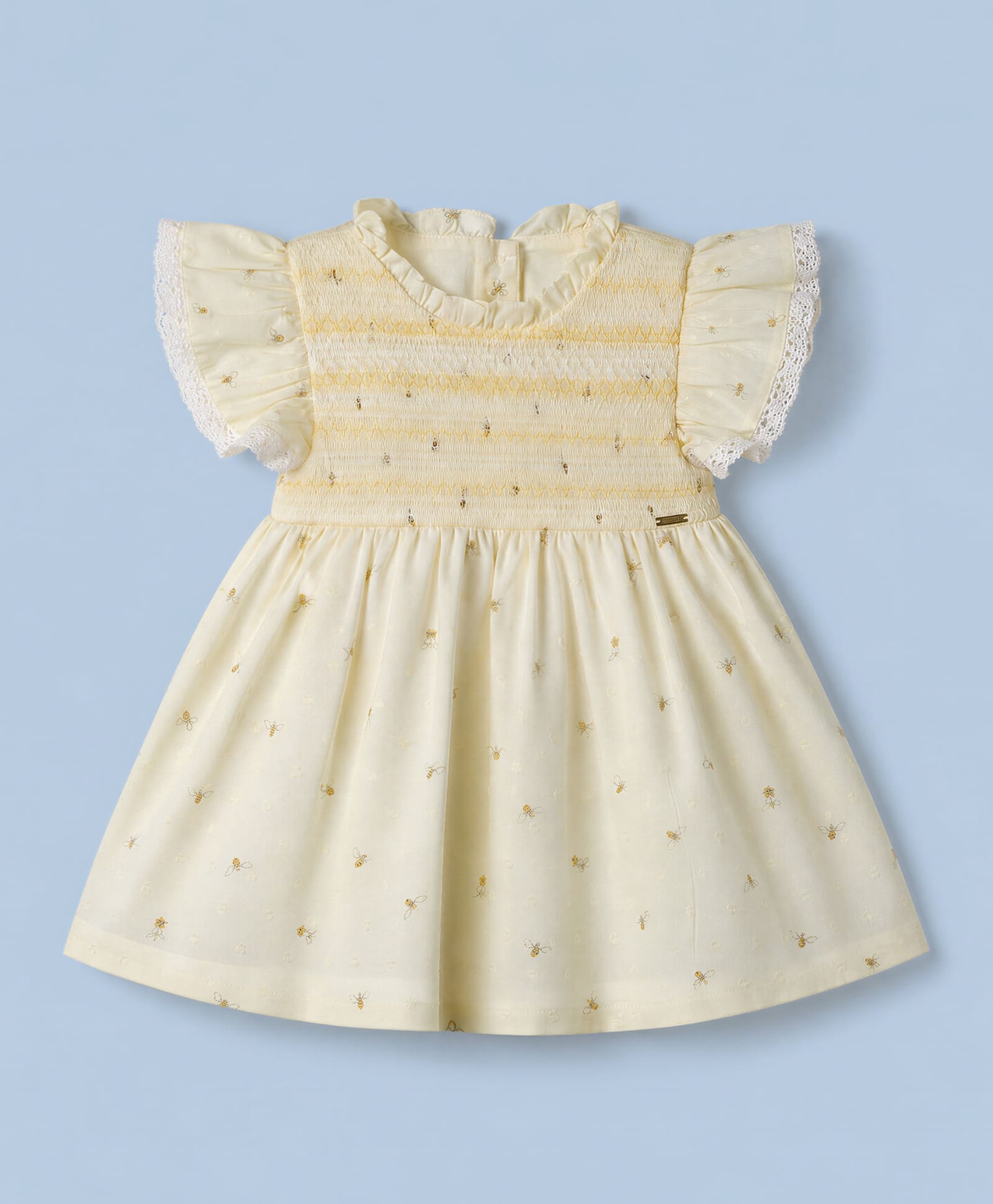 ToffyHouse Cotton Interlock Knit Frill Sleeves Smocked Frock with Bees Print- Lemon-image-15