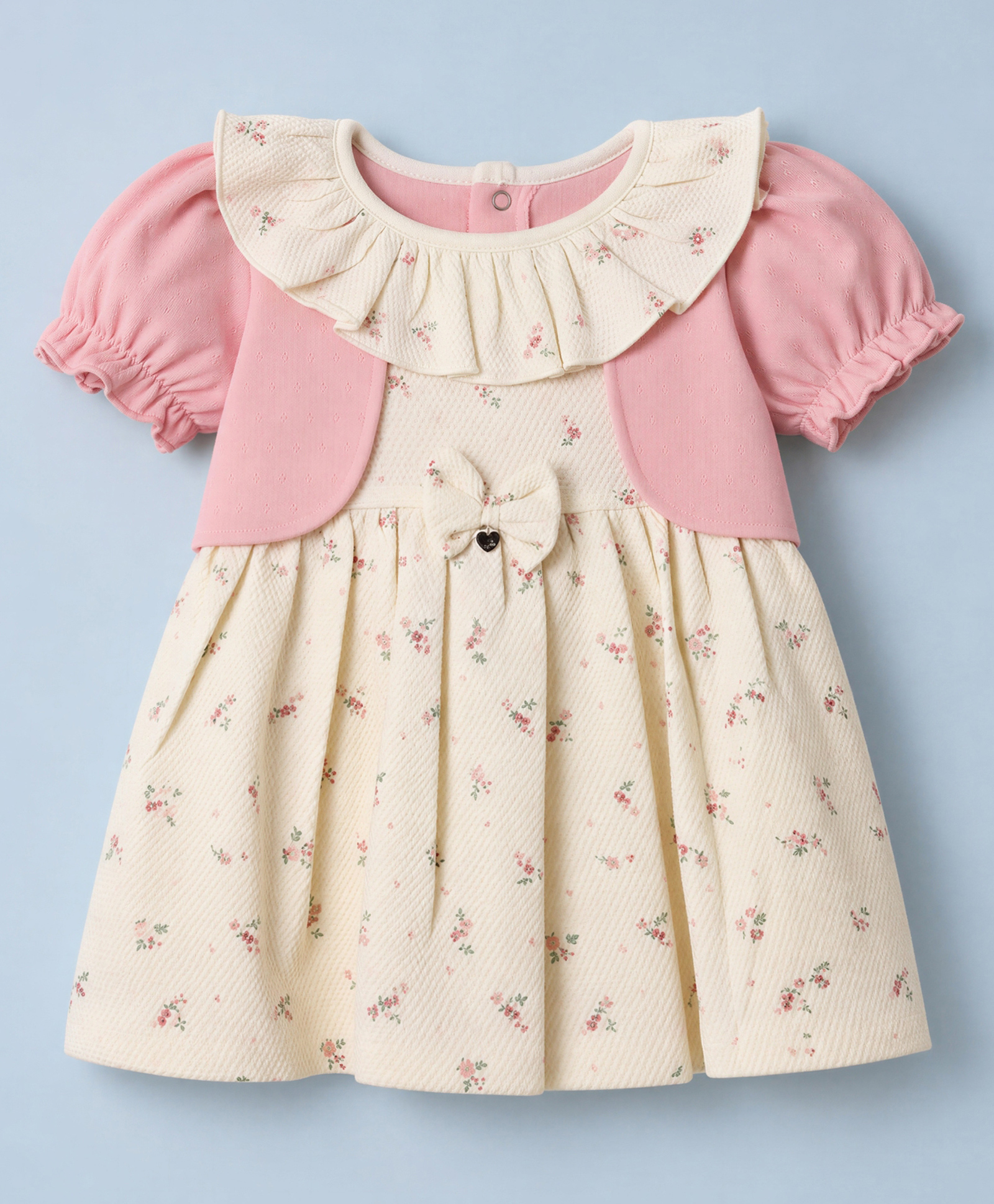 Toffyhouse Interlock Knit Half Sleeves Frock With Floral Print - Peach & Cream-picture-20