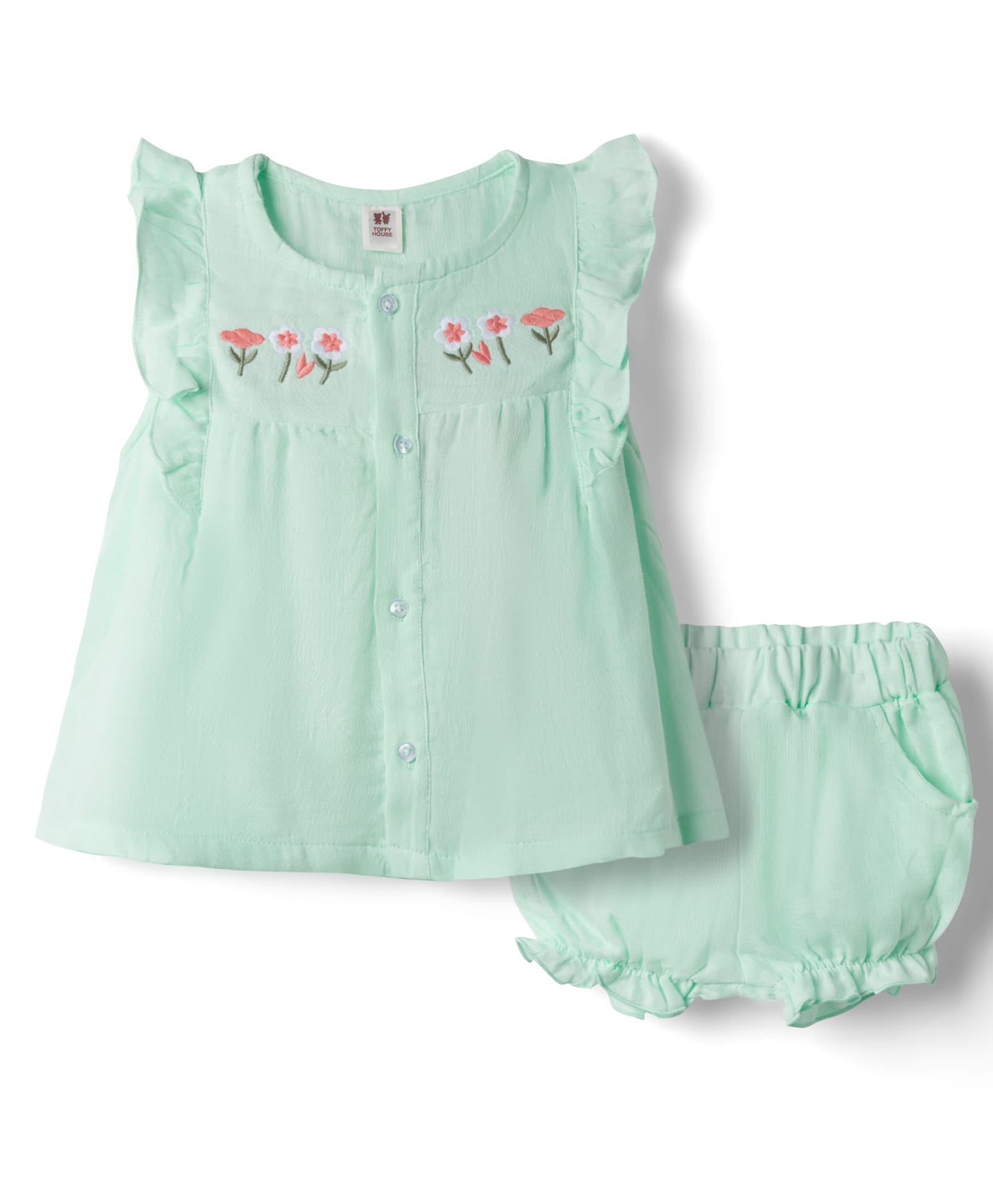ToffyHouse Muslin Knit Sleeveless Floral Embroidered Top & Shorts Set - Sea Green-picture-27