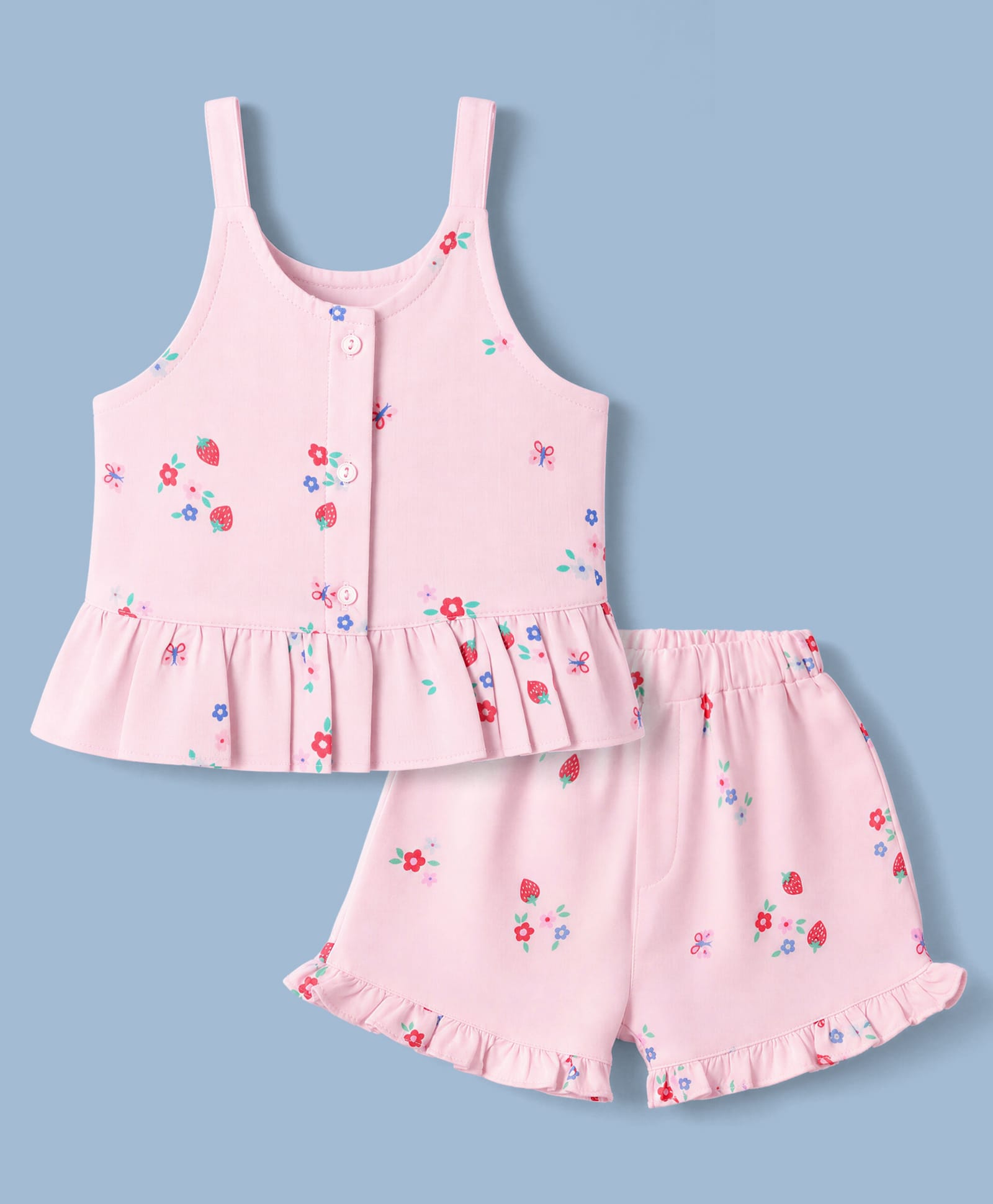 ToffyHouse Muslin Knit Sleeveless Co-ords Top & Shorts Set with Floral & Strawberry Print - Pink-image-42