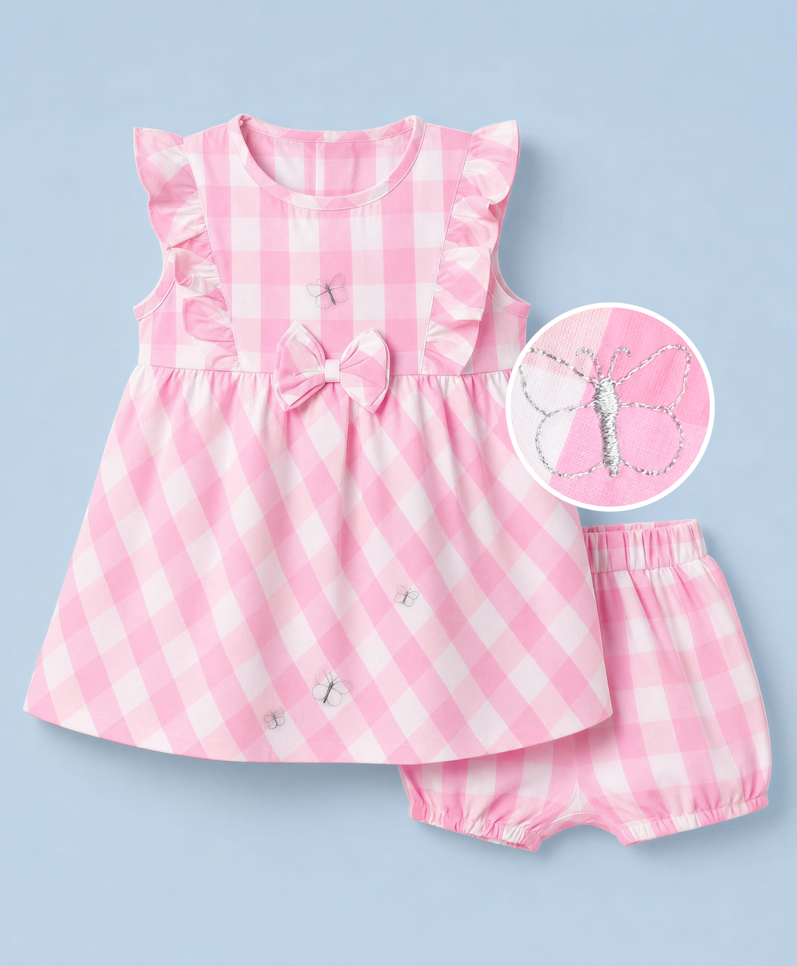 ToffyHouse Cotton Knit Frill Sleeves Top & Shorts Set with Checks & Bow Applique - White & Pink-image-35