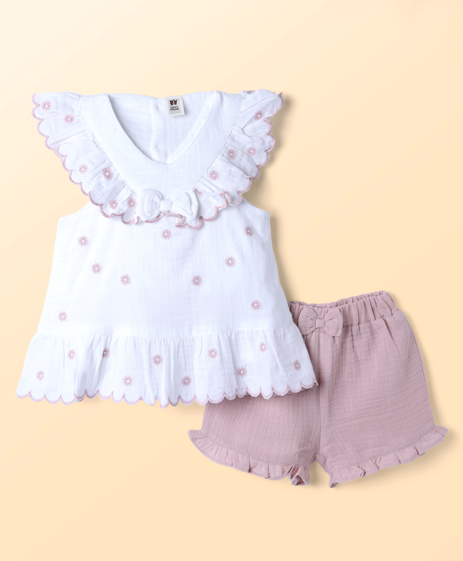 ToffyHouse Muslin Knit Sleeveless Top & Shorts Set With Floral Embroidery - White-image-46