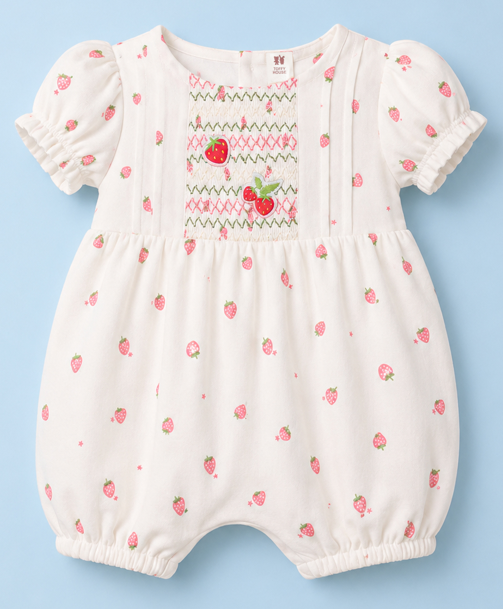 ToffyHouse Muslin Knit Half Sleeves Strawberry Printed Romper With Patch - White-picture-28