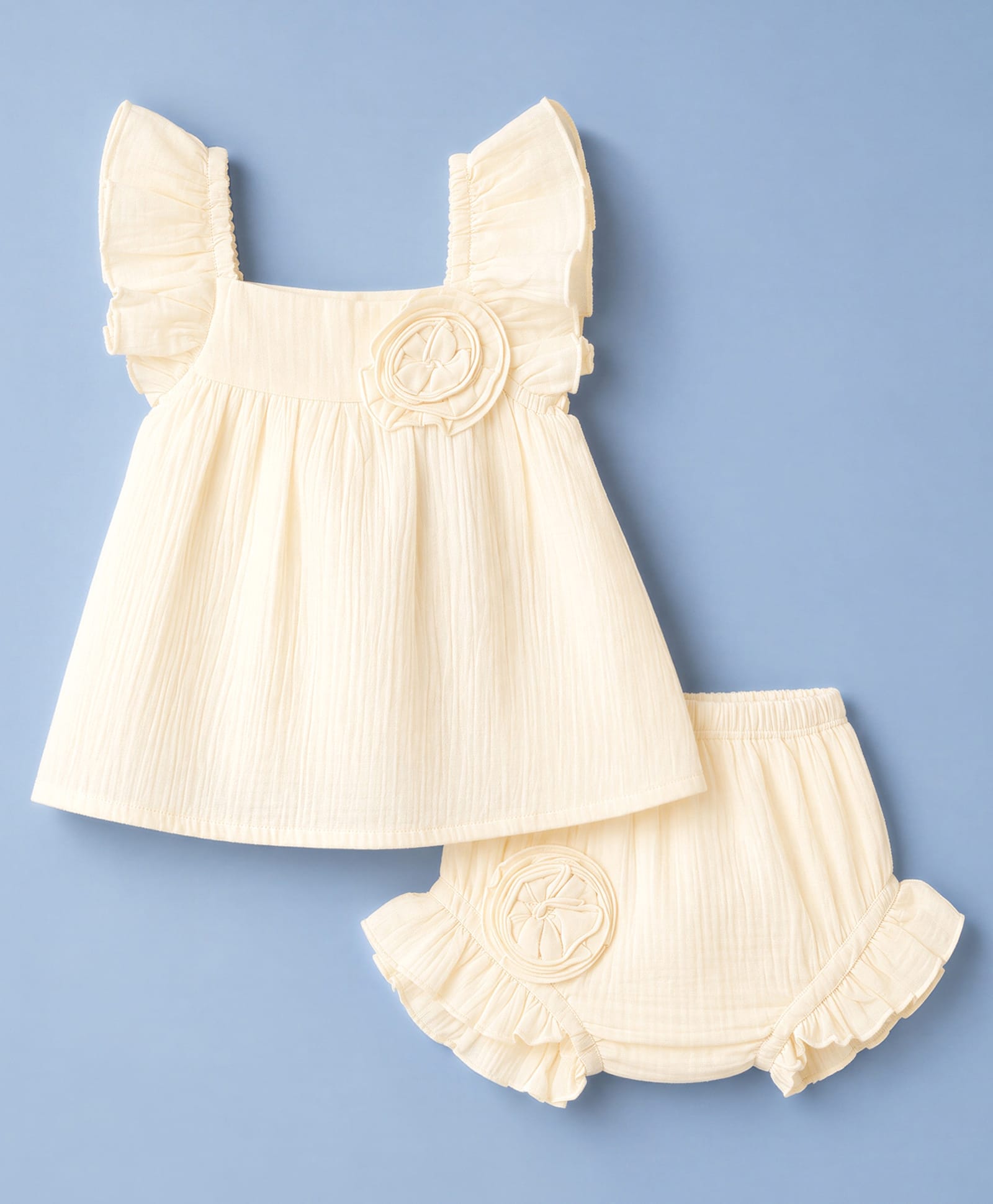 ToffyHouse Muslin Knit Frill Sleeves Top & Shorts Set with Floral Applique - Cream-image-29