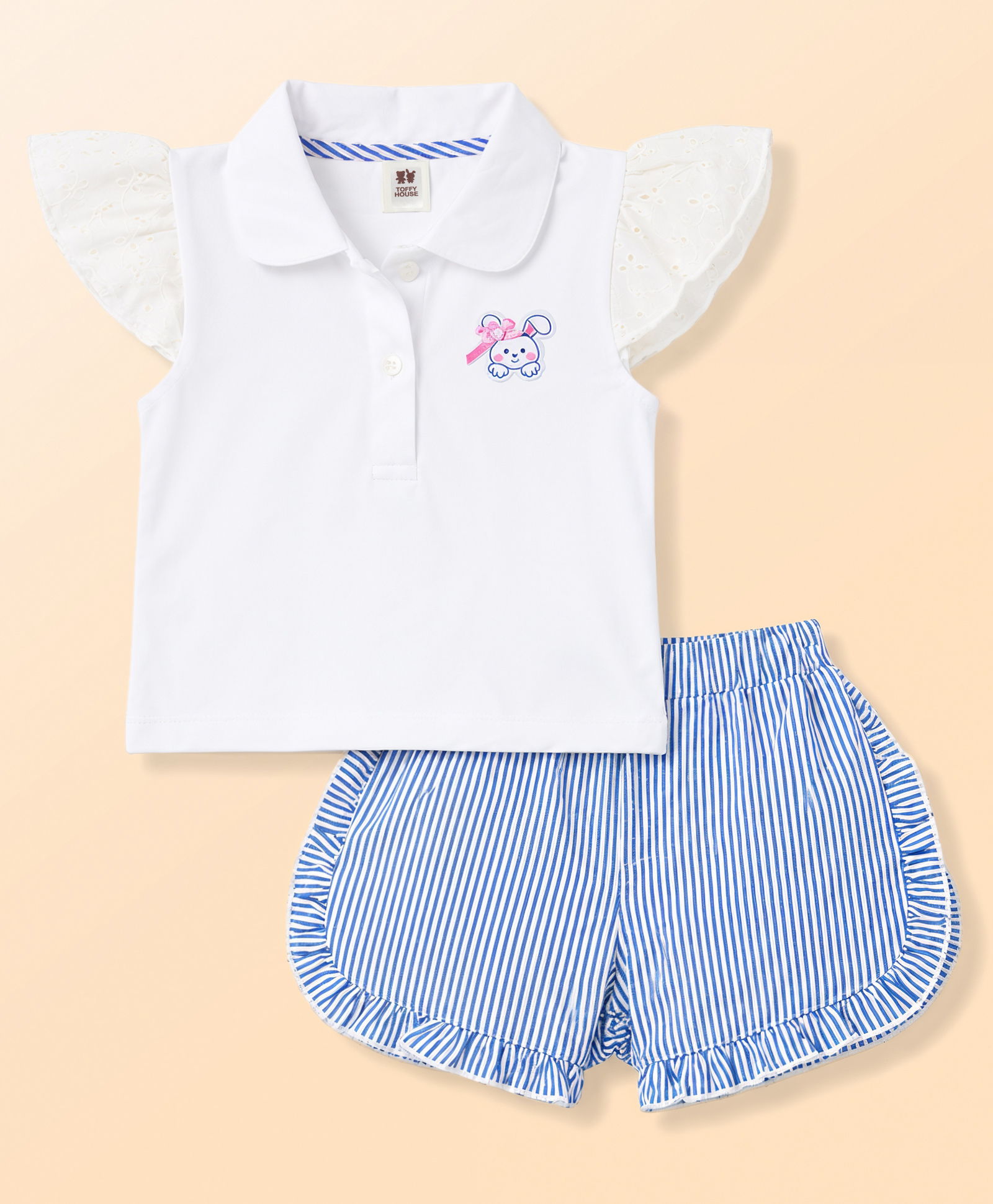 ToffyHouse Muslin Knit Half Sleeves Top & Striped Shorts Set With Bear Print - Blue & White-picture-12