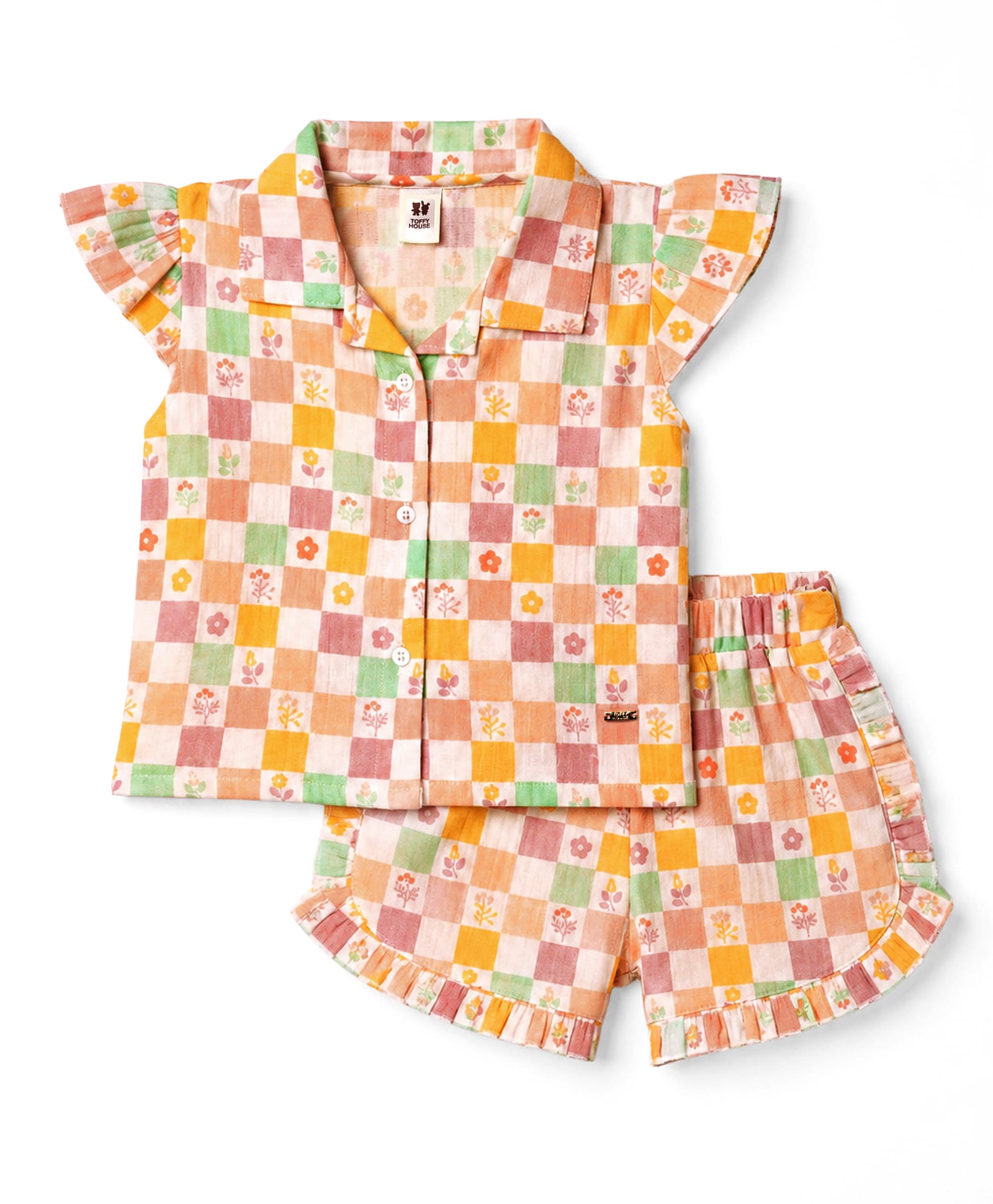 ToffyHouse Muslin Knit Half Sleeves Checked & Floral Printed Co-Ords Top & Shorts Set - Multicolor-picture-40