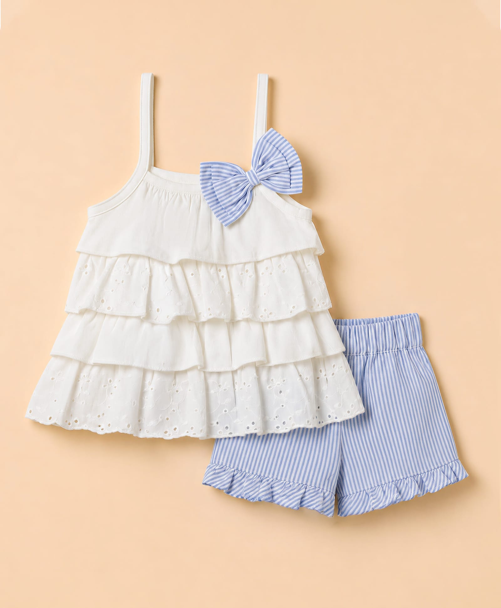 ToffyHouse Cotton Knit Sleeveless Top and Shorts Set With Bow Applique - White-image-31