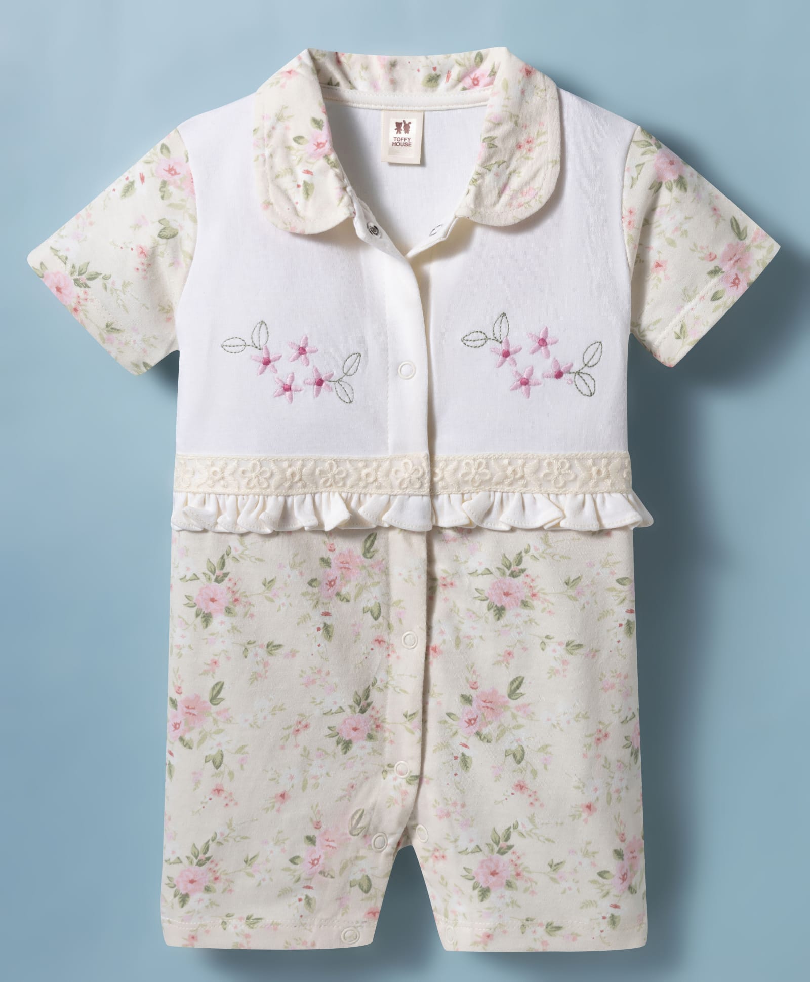 ToffyHouse Interlock Knit Half Sleeves Romper With Floral Print - White-image-14