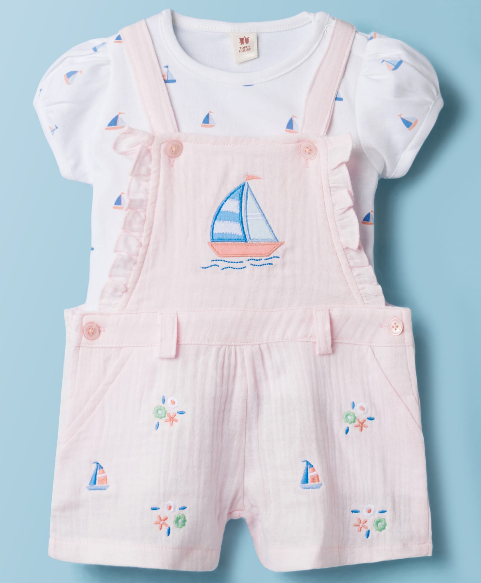 ToffyHouse Interlock Knit Dungaree & Half Sleeves T-Shirt With Boat Print & Embroidery - Pink-image-38