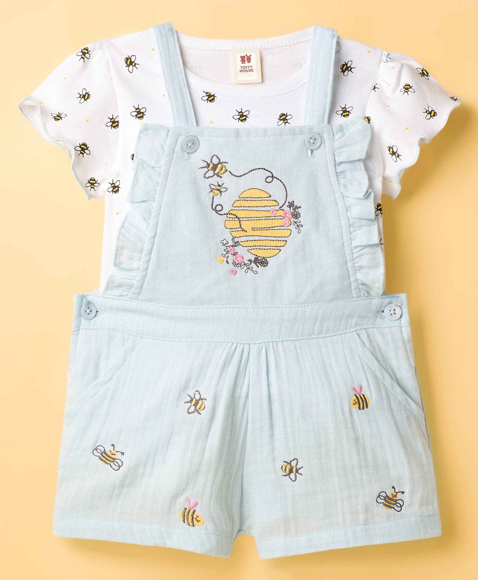 ToffyHouse Interlock Knit Dungaree & T-Shirt With Bee Print - Blue-image-29