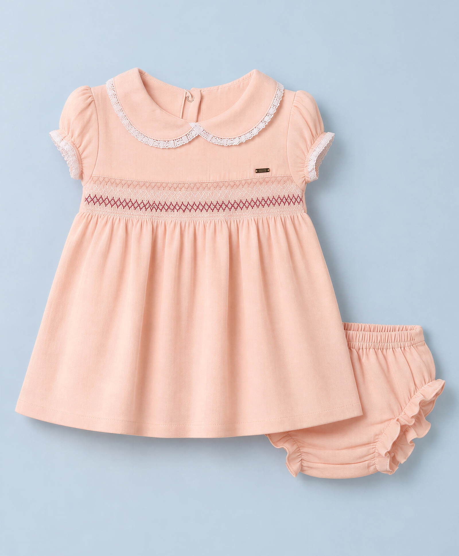 ToffyHouse Interlock Knit Half Sleeves Smocked Embroidery Frock With Bloomer - Peach-picture-21