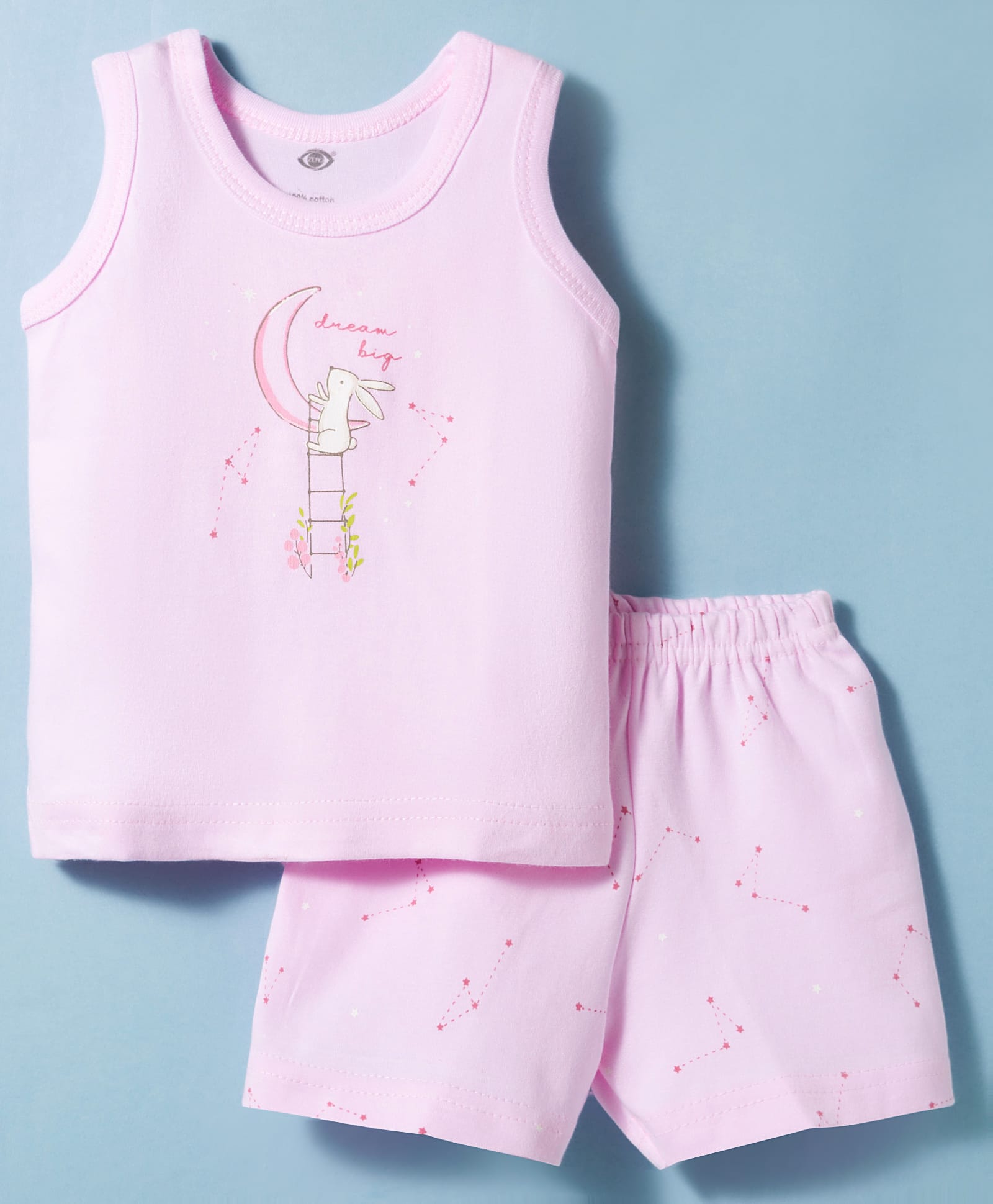 Zero Knitted Sleeveless T-Shirt & Shorts Night Suit with Bunny Print - Pink-picture-27