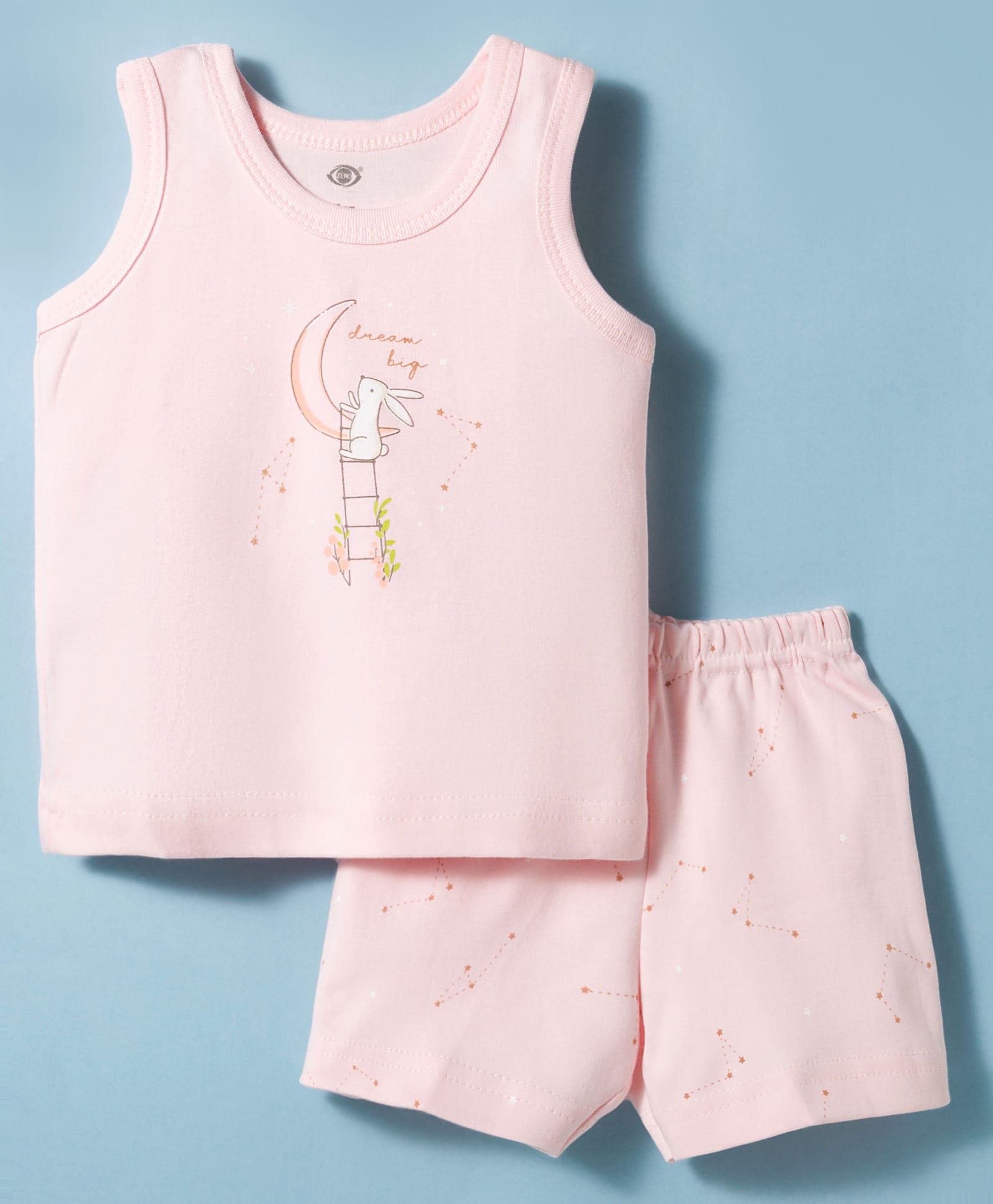 Zero Knitted Sleeveless T-Shirt & Shorts Night Suit with Bunny Print - Peach-image-18