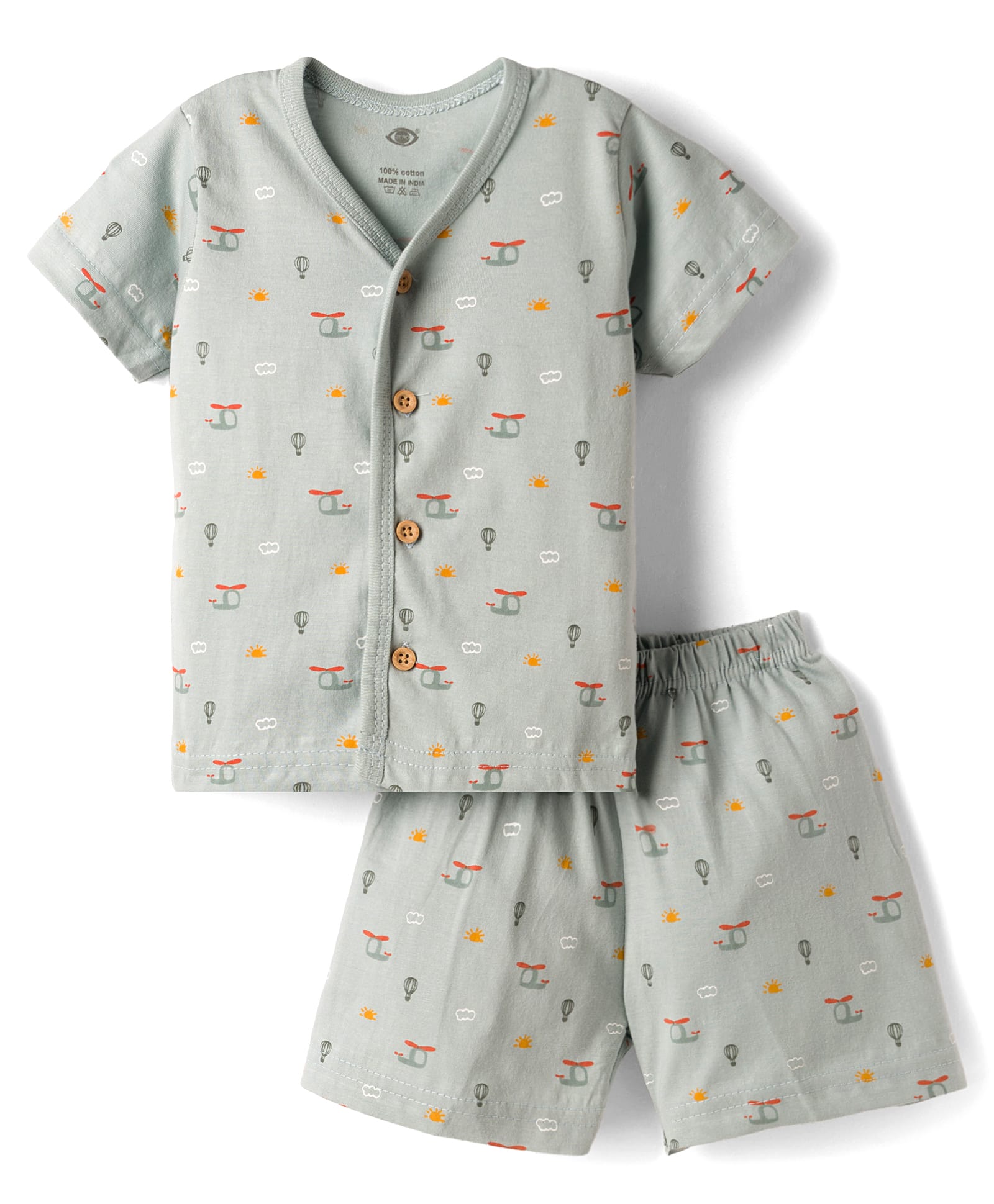 Zero Knitted Half Sleeves Co-ords T-Shirt & Shorts Night Suit with Helicopter Print - Aqua Blue-image-36
