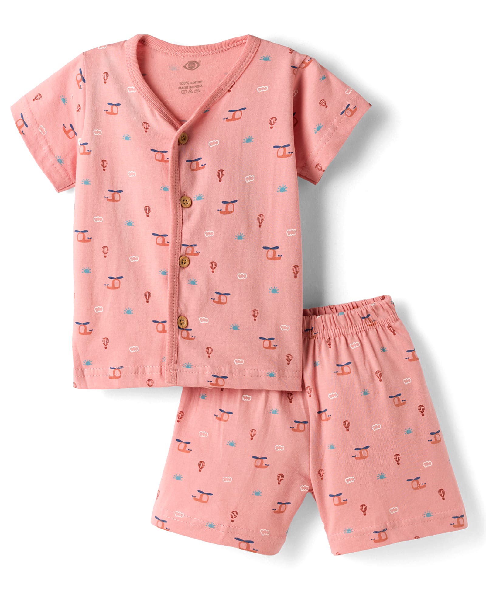 Zero Knitted Half Sleeves Co-ords T-Shirt & Shorts Night Suit with Helicopter Print - Pink-image-35