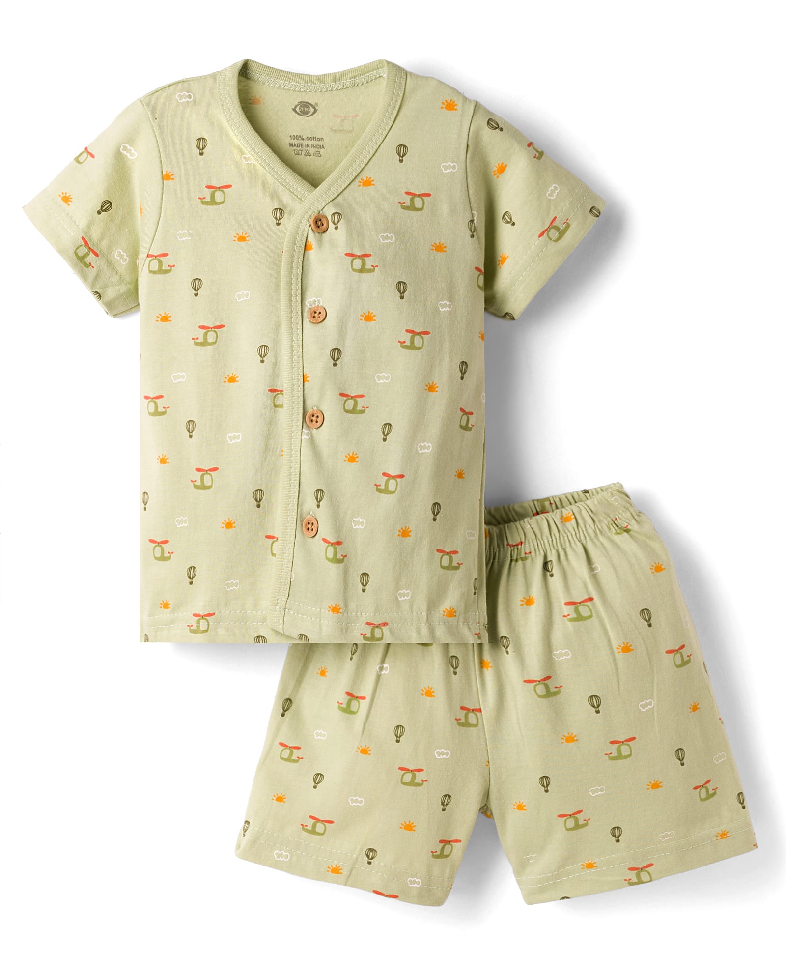 Zero Knitted Half Sleeves Co-ords T-Shirt & Shorts Night Suit with Helicopter Print - Green-image-34